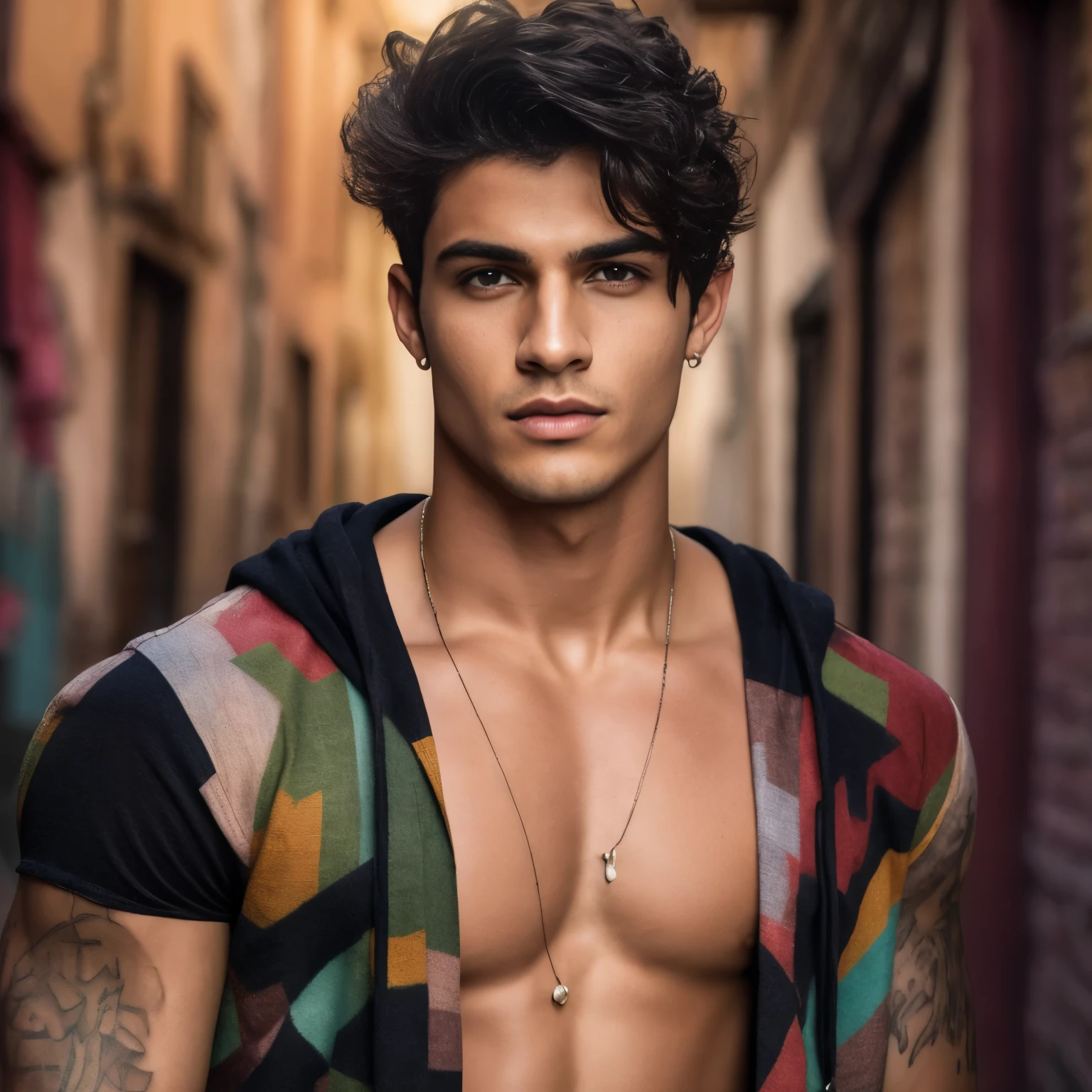 Boy with a colorful camicia and a necklace around his neck, jovem bonito, modelo masculino, Macho bonito, bonito impressionante realista, 8k realista, macho atraente, rosto masculino bonito, rosto detalhado, homem tatuado, jovem atraente, square jawline, rosto detalhado, Detailed crisp tattoo, Serjio Carvajal 8k