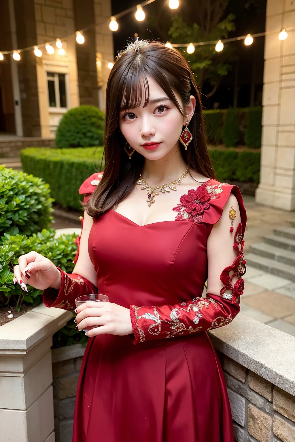 Gray Hair Woman, Gray Eyes, Royalty, Red Dress, Red Jewelry, Red Earrings, Lunar, Nobility, Noblewoman, High Quality, Highly Detailed, Detailed Face, Masterpiece, Castle, Drinking Tea, Garden, Flowers, Lights