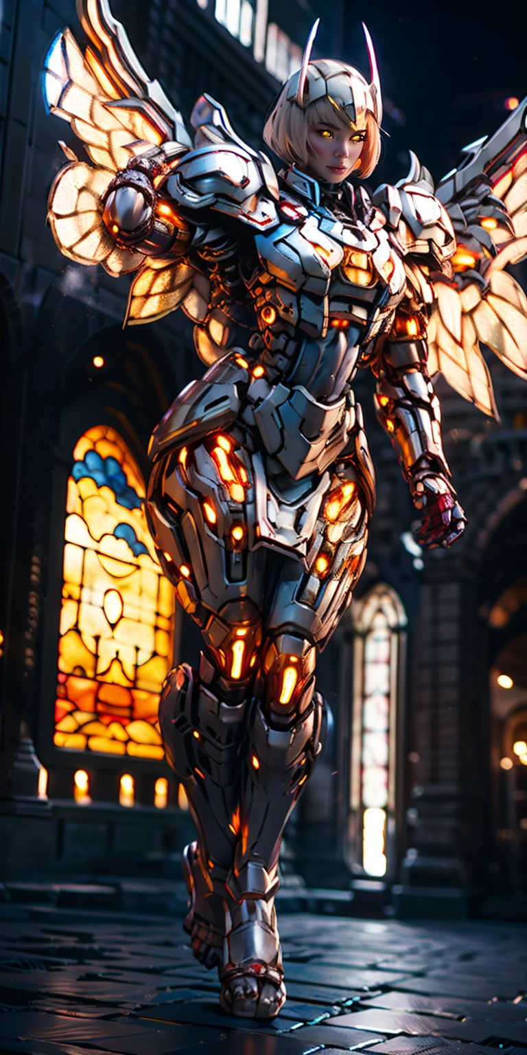 low angle, from below, paladin templar lady in white tabard, legwear, glowing yellow eyes, collar, golden chainmail, wide hips, barefoot, angel wings, pauldrons, halo, bob cut, blonde, eye focus, red cape, temple indoors, decorations, stained glass windows, night, particles, chromatic aberration, detailed, cinematic, dark scene, fantasy