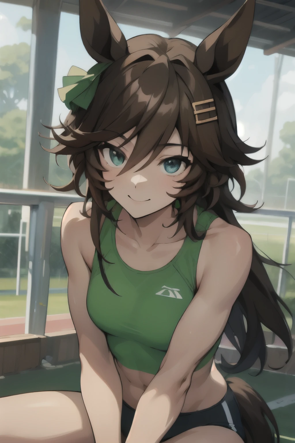 mr. c.b.\(umamusume\), ((ultra-detailed face)), masterpiece, best quality, symmetrical face, beautiful face, slender, sports bra, horse tail, smile, athletics track, muscle, abs, hand between legs