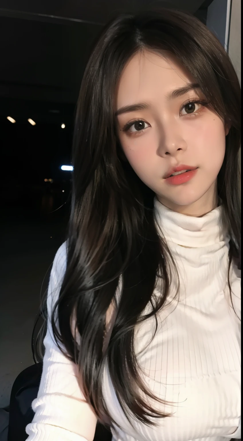 (Extremely detailed, fine, in underground parking, slightly fat, plump, big breasts, big breasts, M cups, delicate face, off-white turtleneck dress, large aperture, close-up of people, makeup (1.3))