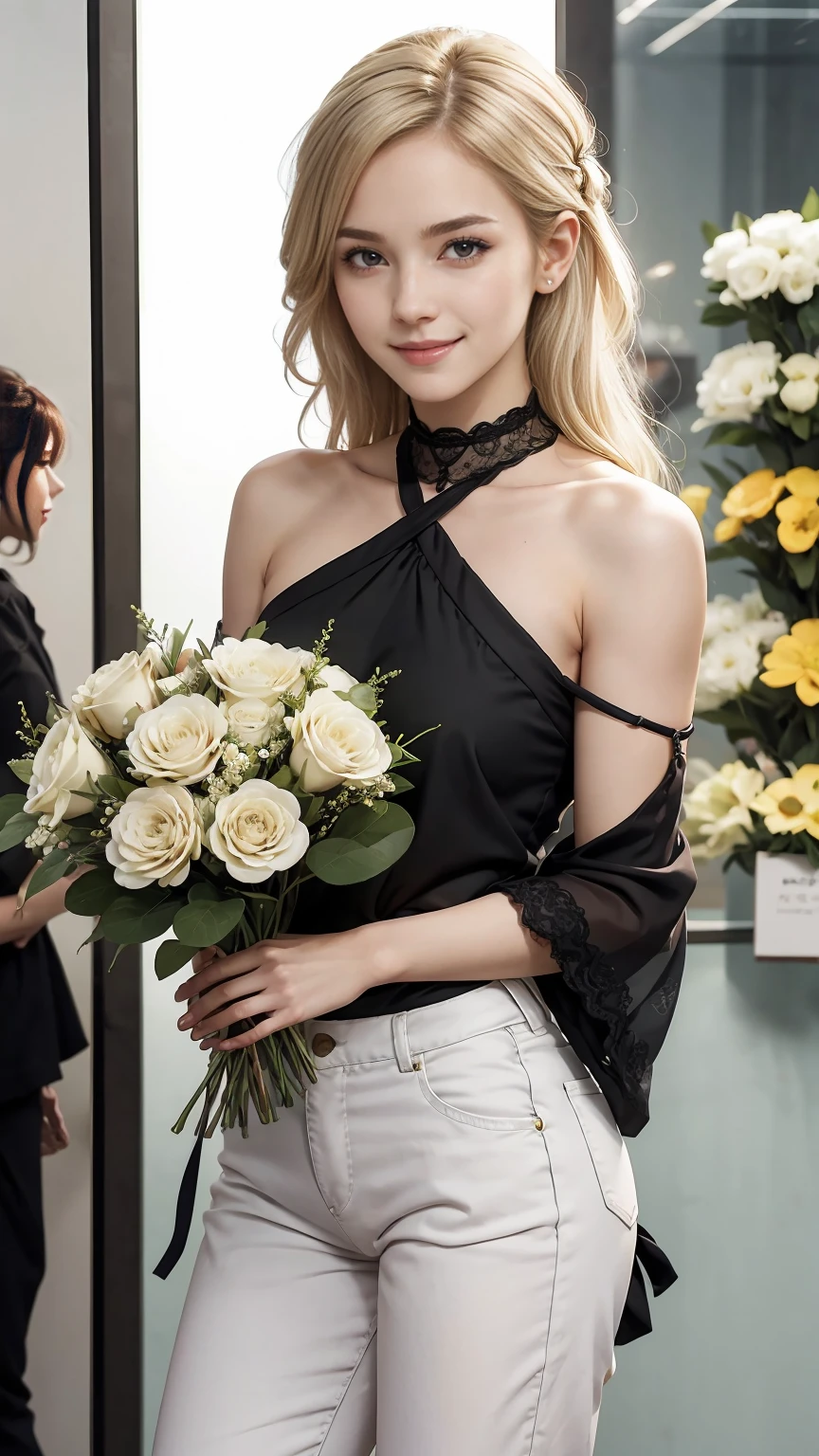22 year old white female、hair color is blonde、eye color is blue、long hair、Tying up your hair、accessories on wrist、I'm wearing a choker、skin is smooth、smile、Slender but muscular body、My heart is pounding、high resolution、She is wearing a one-shoulder lace top.、I'm wearing pants、I'm wearing pumps、There is a flower shop where the flowers are in full bloom.、holding a big bouquet of flowers