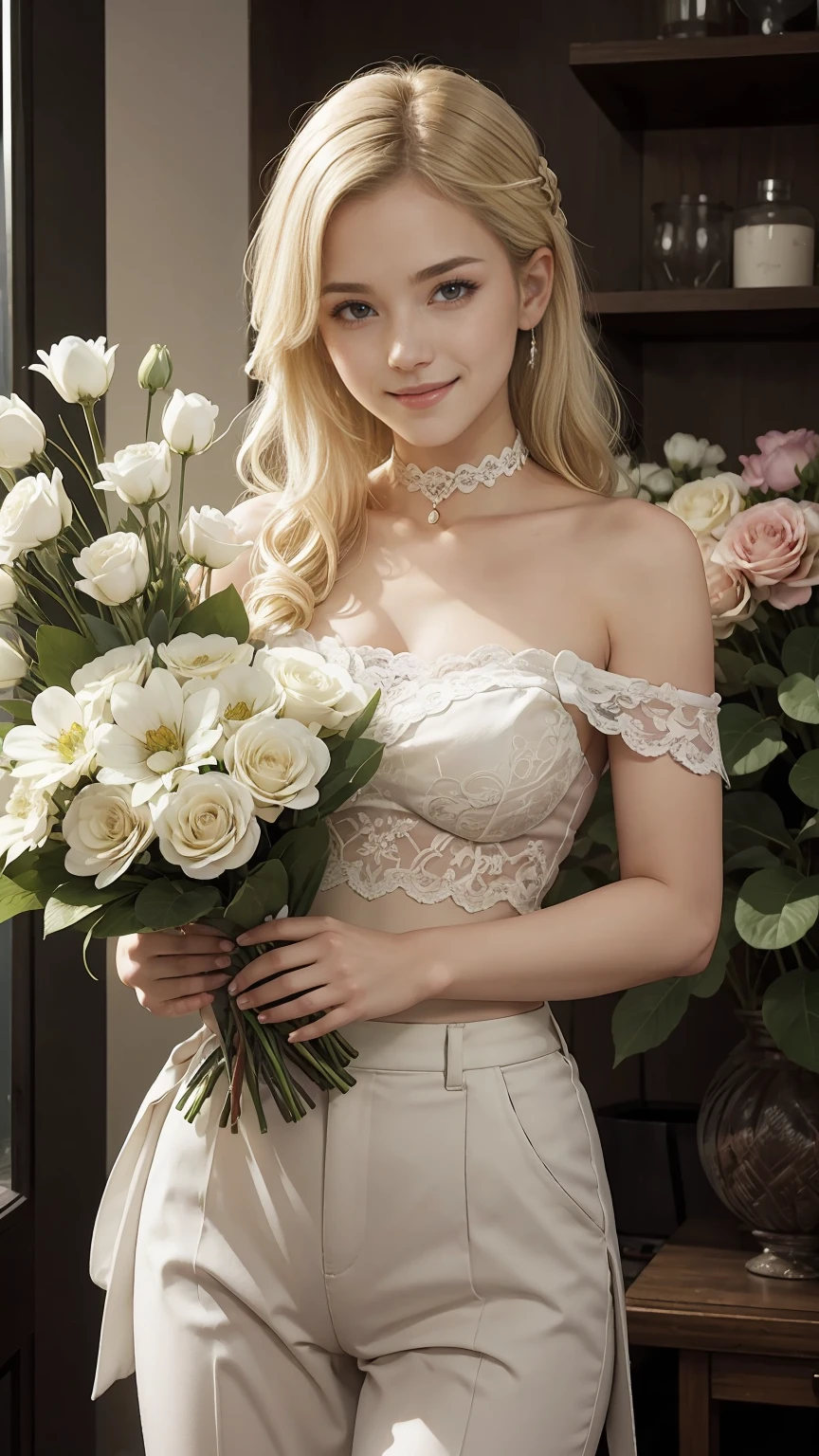 22 year old white female、hair color is blonde、eye color is blue、long hair、setting hair、Have a ponytail、accessories on wrist、I&#39;m wearing a choker、skin is smooth、smile、Slender but muscular body、My heart is pounding、high resolution、Skin is shiny、wearing the hourglass dress、I&#39;m wearing pumps、In front of Horizont in the photo studio、Flowers are arranged in a vase on a narrow medieval table.