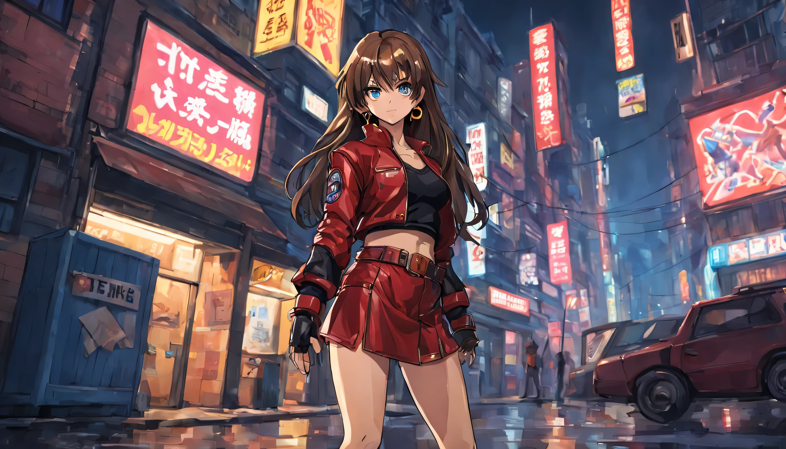 Estilo anime 2D, Mulher com cabelo castanho longo, olhos azuis, vestindo top vermelho, minissaia vermelha, cinto pendurado nos quadris, black leather jacket with sleeves rolled up to the elbows, martial arts training glove on hands, botas de couro vermelho, brincos de argola de ouro, personagem muito parecido com Blaze do jogo Sega Genesis "Streets of fury", she is next to a police car in a big city at night, there are advertisements and neon signs, it just rained in the area