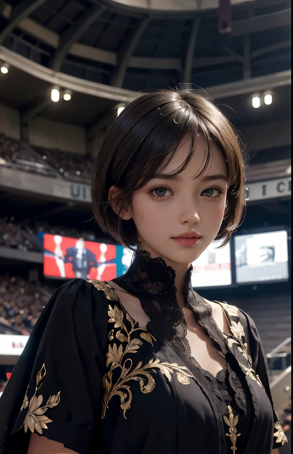(Super real), (illustration), (high resolution), (8k), (Very detailed), (Best illustration), (Beautiful and meticulous quality), (Super detailed), (masterpiece), (wallpaper), (Detailed face), alone, a girl, watch audience, Exquisite details, Detailed face, in the darkness, deep shadow, low profile, purebred face_v1, Smile, short hair, Black shawl straight hair,Background inside the football stadium
