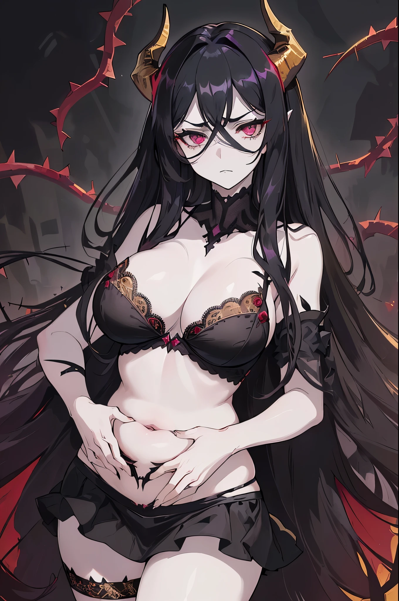 ((anime artstyle)),(Masterpiece),(Best Quality), (Super Detail),((Very Delicate and Beautiful)),((Solo)),((1 arrogant demoness in black red and gold gorgeous lingerie)),((BlingBling)),((arrogant)),(((stoic expression))),(Purple eyes),Sharp eyes, detailed face and eyes, jewel-like eyes,((Very Long voluminous black Hair)),Straight Hair,((Bangs between eyes)),((gorgeous full embroidery and lace with thorns)), gorgeous corsage, See-through, super detailed gnarled crown of thorns, (((pale pink skin))), ((Plump breasts)), skindentation, ((short skirt)), Dynamic Angle, (((Looking at viewer))), baroness of hell, ((fields of briar and thorns)), black briar, (((embroidery made of thorns, black red and gold gorgeous lingerie))), volumetric lighting, outside, ((wasteland)), (((surrounded by thorns))), ((((dreary black sky)))), (succubus horns), (succubus tail), (((translucent black babydoll))), dynamic pose