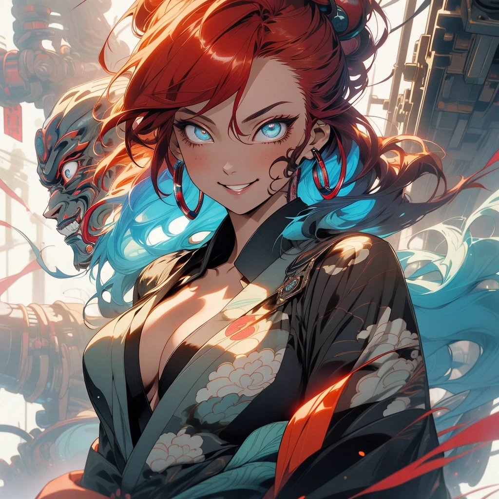 (((highest quality))),(((detailed eyes))),(((32k))),(1 girl),Red hair,(tattoo),(cyber punk),kimono,((Luxurious and gorgeous)),Shiny skin,earrings,flashy,((Super beautiful woman)),(perfect face),Japanese sword,ultimate texture,official art,Ukiyo-e,stylish,photograph,perfect body,smile,Bewitching,Highest image quality,distinct,real,fantasy,(Near the future),ninja,((perfect eyes)),big breasts,((cleavage)),highlight,挑発的なsmile,stick out tongue,split tongue,((mechanical)),Hannya mask,fox,