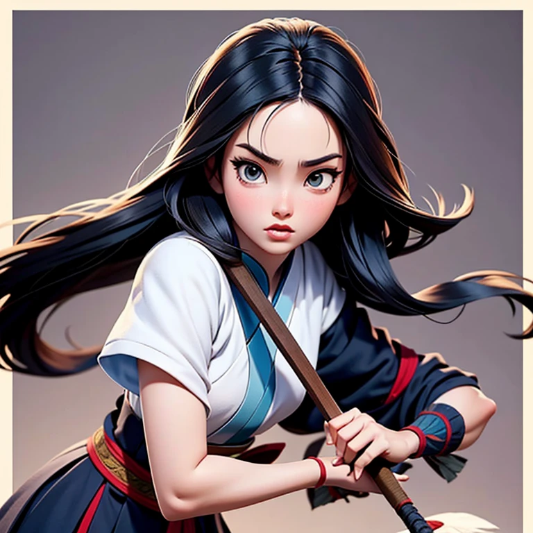 Mulan, Manga, ilustracion, joven cabello largo, color de pelo negro, espada.
