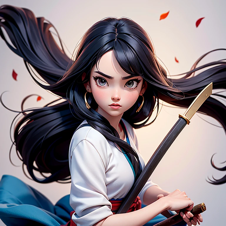 Mulan, Manga, ilustracion, joven cabello largo, color de pelo ?????, espada.