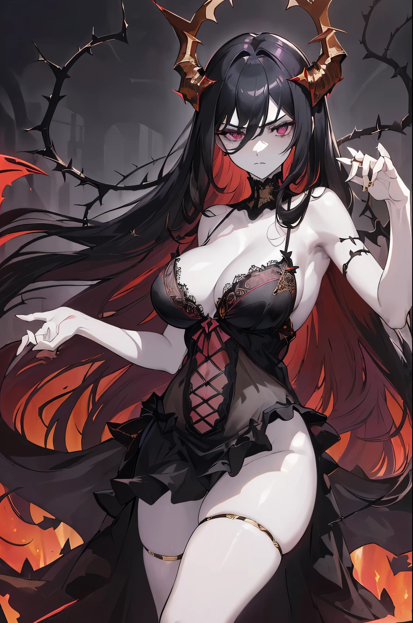 ((anime artstyle)),(Masterpiece),(Best Quality), (Super Detail),((Very Delicate and Beautiful)),((Solo)),((1 arrogant demoness in black red and gold gorgeous lingerie)),((BlingBling)),((arrogant)),(((stoic expression))),(Purple eyes),Sharp eyes, detailed face and eyes, jewel-like eyes,((Very Long voluminous black Hair)),Straight Hair,((Bangs between eyes)),((gorgeous full embroidery and lace with thorns)), gorgeous corsage, See-through, super detailed gnarled crown of thorns, (((pale pink skin))), ((Plump breasts)), skindentation, ((short skirt)), Dynamic Angle, (((Looking at viewer))), baroness of hell, ((fields of briar and thorns)), black briar, (((embroidery made of thorns, black red and gold gorgeous lingerie))), volumetric lighting, outside, ((wasteland)), (((surrounded by thorns))), ((((dreary black sky)))), (succubus horns), (succubus tail), (((translucent black babydoll))), dynamic pose