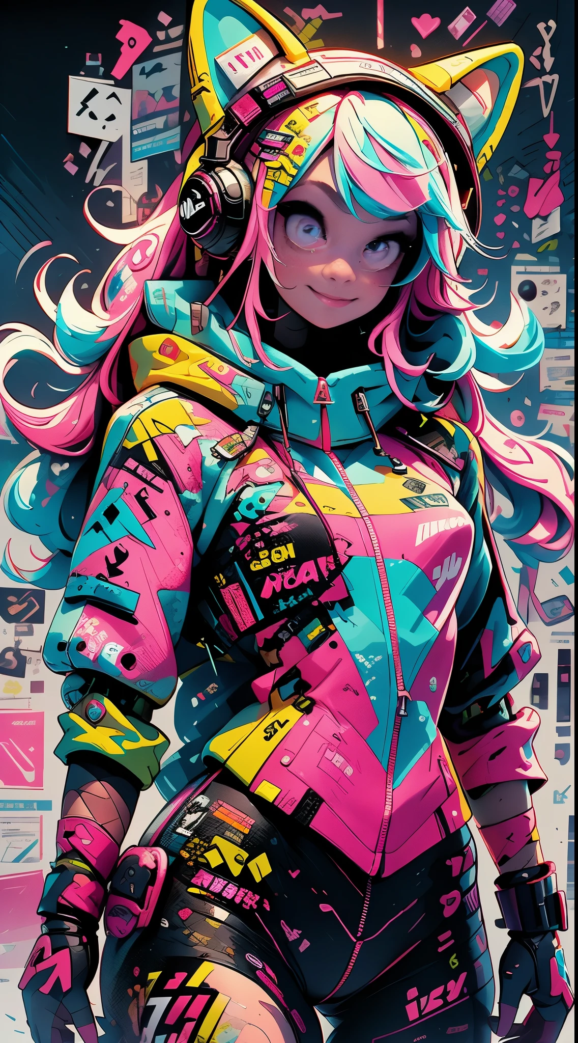 (Best quality), (masterpiece), (realistic) and ultra-Detailed photo of cute girl in futuristic neon headphones with plastic fox ears, She has a (fluffy pink hair), wears leather (unbuttoned) pink-Black racing jacket on a naked body, under which you can see ((huge open erect tits)), (erect nippleslips) , open chest, open tummy,  leather tight shorts,  and exudes a (beautiful and aesthetic) vibe,  sexy body , detailed pupils and iris of eyes, An embarrassed and lustful smile opening his mouth,
