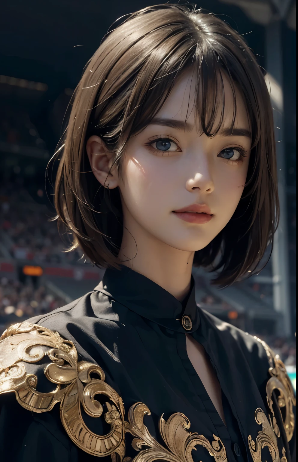(Super real), (illustration), (high resolution), (8k), (Very detailed), (Best illustration), (Beautiful and meticulous quality), (Super detailed), (masterpiece), (wallpaper), (Detailed face), alone, a girl, watch audience, Exquisite details, Detailed face, in the darkness, deep shadow, low profile, purebred face_v1, Smile, short hair, Black shawl straight hair,Background inside the football stadium
