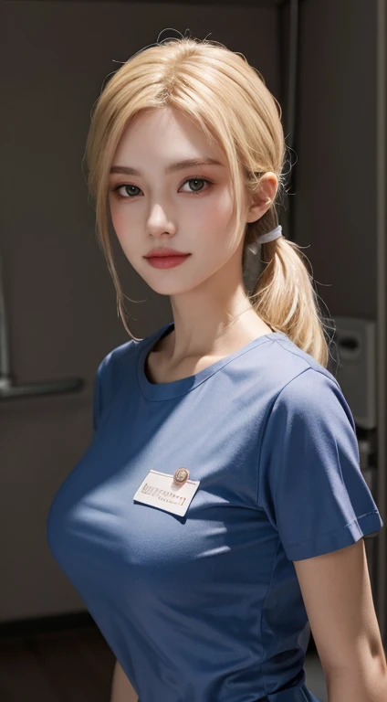 8K, RAW photos, Best quality, Masterpiece: 1.2),(best qualtiy,8K, Yes,32K,masterpiece,hyper HD:1.2) , 20 years old, Generate a highly detailed and realistic 4K description of a woman in a nurse’s uniform inside a hospital room, emphasizing every detail, from her attire to the surrounding environment, skinny body, perfect body, beautifull face, asian face, glowing skin, cleveage breast, nurse uniform, name tag, blonde hair, pigtail, bangs, sexy pose