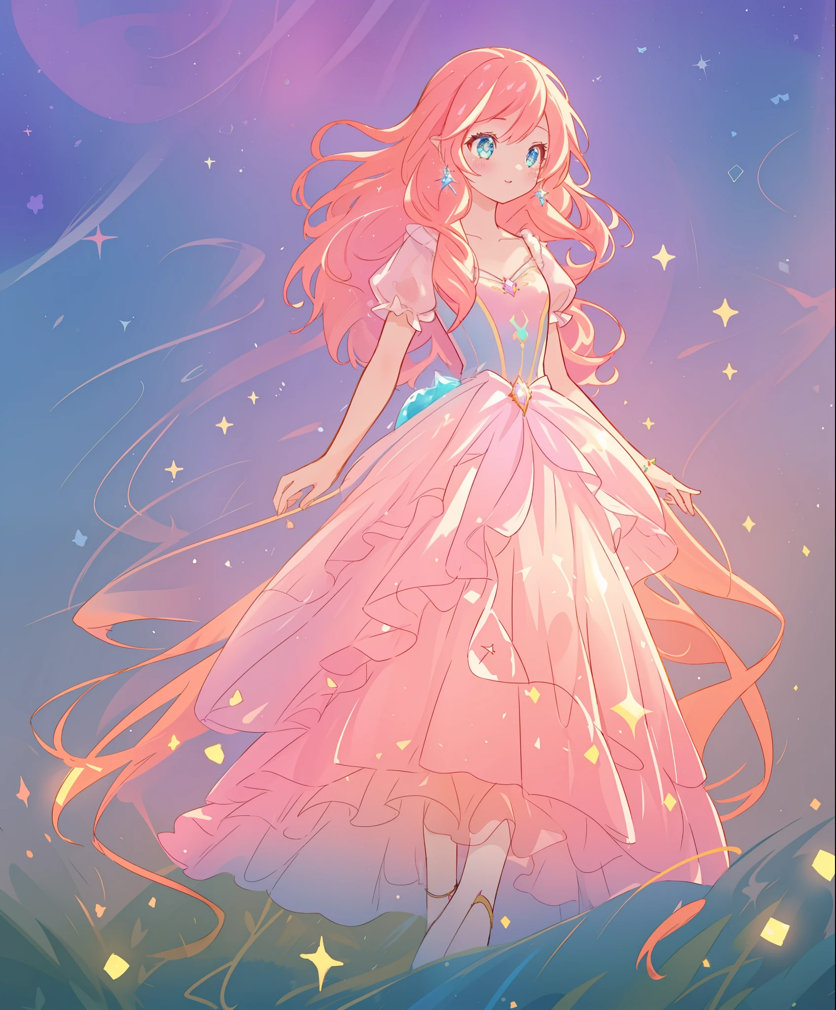 beautiful girl, ((puffy shimmering multi-layered ballgown)), vibrant pastel colors, (colorful), long flowing hair, magical lights, sparkling magical liquid, inspired by Glen Keane, inspired by Lois van Baarle, disney art style, by Lois van Baarle, glowing aura around her, by Glen Keane, jen bartel, glowing lights! digital painting, flowing glowing hair, glowing flowing hair, beautiful digital illustration, fantasia background, whimsical, magical, fantasy, ((masterpiece, best quality)), intricate details, highly detailed, sharp focus, 8k resolution, sparkling detailed eyes, liquid watercolor