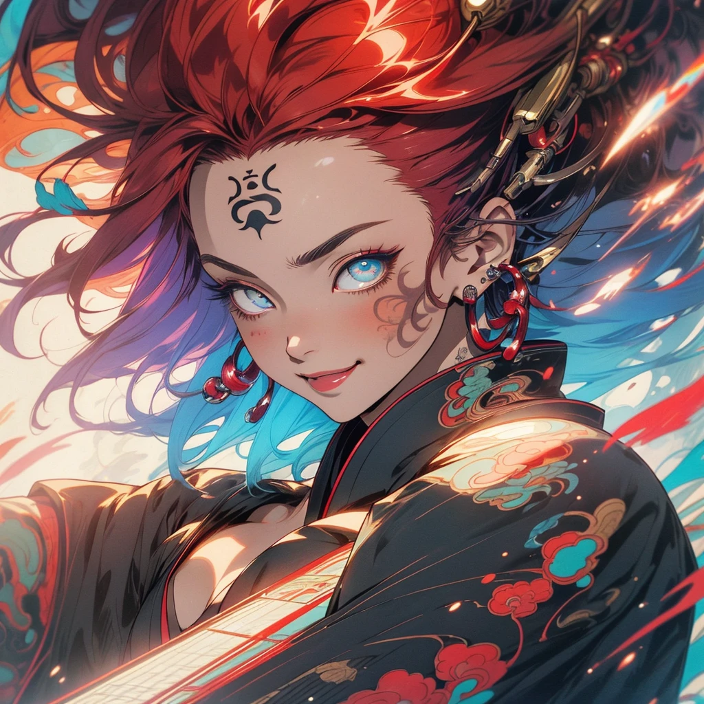 (((highest quality))),(((detailed eyes))),(((32k))),(1 girl),Red hair,(tattoo),(cyber punk),kimono,((Luxurious and gorgeous)),Shiny skin,earrings,flashy,((Super beautiful woman)),(perfect face),Japanese sword,ultimate texture,official art,Ukiyo-e,stylish,photograph,perfect body,smile,Bewitching,Highest image quality,distinct,real,fantasy,(Near the future),ninja,((perfect eyes)),big breasts,((cleavage)),highlight,挑発的なsmile,stick out tongue,split tongue,((mechanical)),Hannya mask,fox,