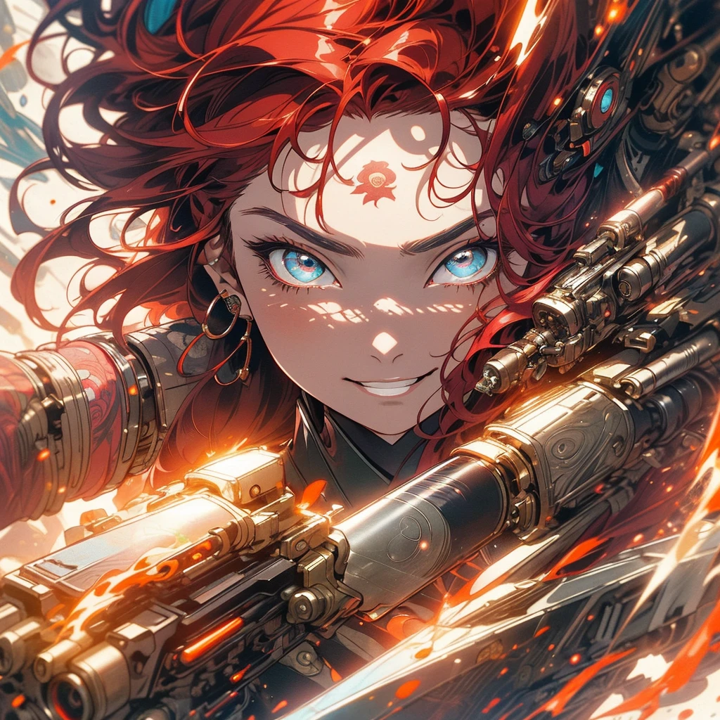 (((highest quality))),(((detailed eyes))),(((32k))),(1 girl),Red hair,(tattoo),(cyber punk),kimono,((Luxurious and gorgeous)),Shiny skin,earrings,flashy,((Super beautiful woman)),(perfect face),Japanese sword,ultimate texture,official art,Ukiyo-e,stylish,photograph,perfect body,smile,Bewitching,Highest image quality,distinct,real,fantasy,(Near the future),ninja,((perfect eyes)),big breasts,((cleavage)),highlight,挑発的なsmile,stick out tongue,split tongue,((mechanical)),Hannya mask,fox,