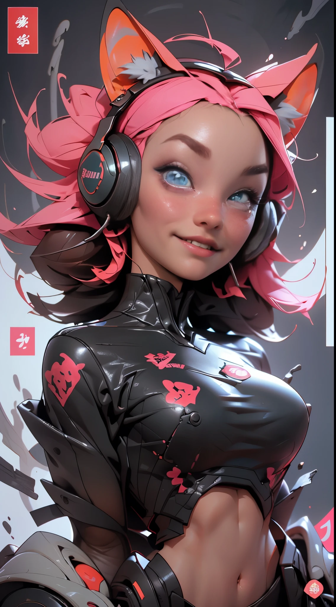 (Best quality), (masterpiece), (realistic) and ultra-Detailed photo of cute girl in futuristic neon headphones with plastic fox ears, She has a (pink hair), wears leather (unbuttoned) pink-Black racing jacket on a naked body, under which we can see ((huge half-open erect tits)), (erect nippleslips), open tummy,  leather tight shorts,  and exudes a (beautiful and aesthetic) vibe,  sexy body , detailed pupils, detailed iris of eyes, An embarrassed and lustful smile opening her mouth,