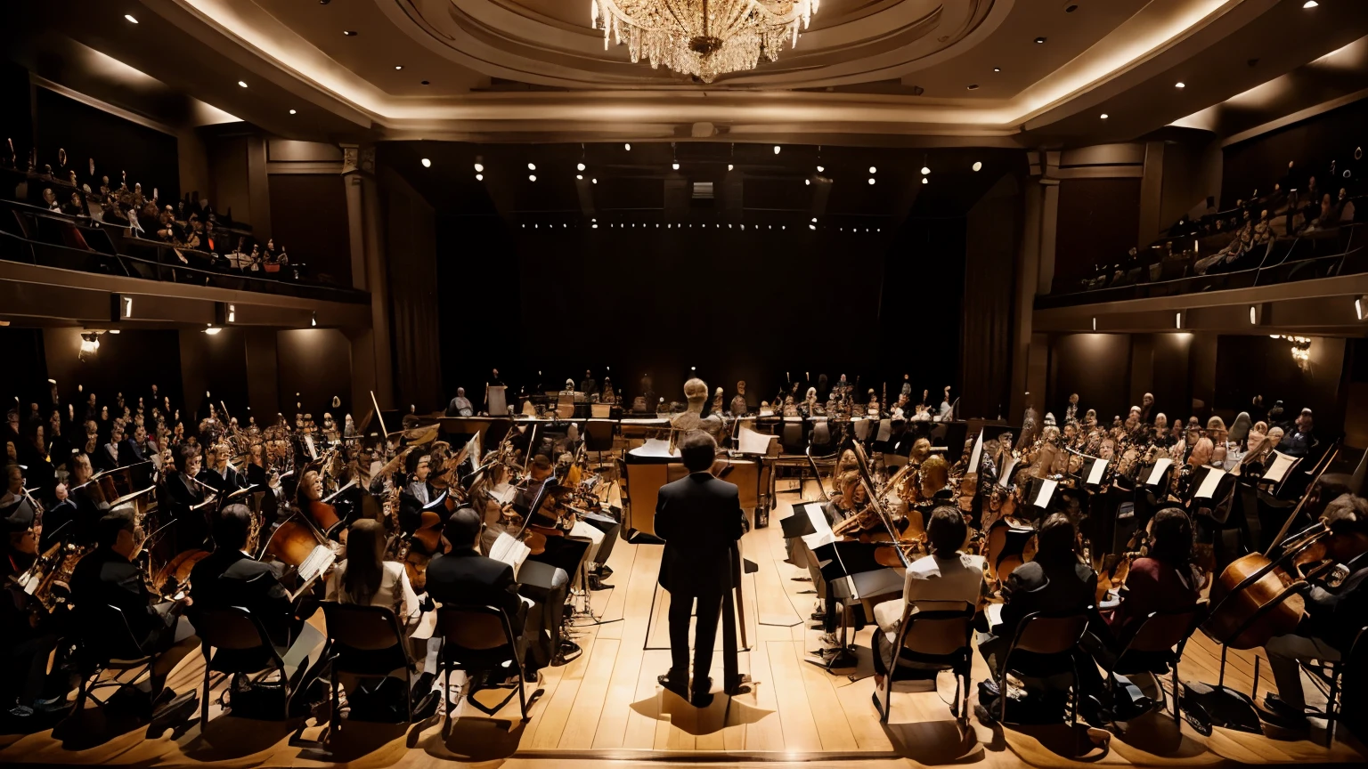 orchestra, dreamy, full shot, Including spectators, Have the conductor look straight ahead., percussion instrument, Add wind instruments