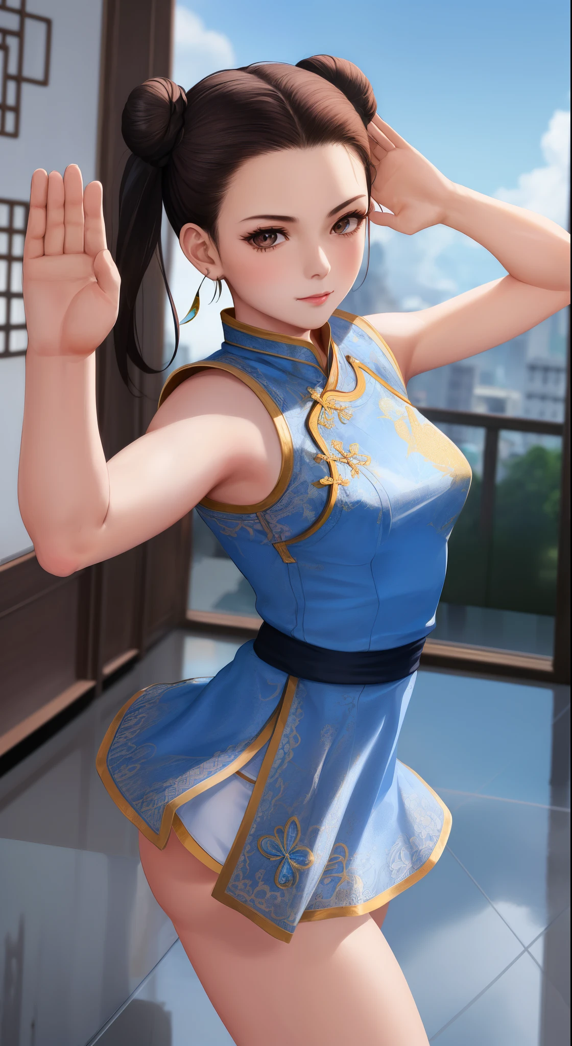 Paichang, Blue ribbon ponytail, brown eyes, double bun,bright hair,Kungfu pose standing, alone , ,  combat readiness, 
Paiati,White Mini Cheongsam, band, mini skirt、white panties、, sleeve less,
marble floor, blue sky, cloudy, evening,
(Extremely detailed, beautiful detailed face, masterpiece, highest quality)    