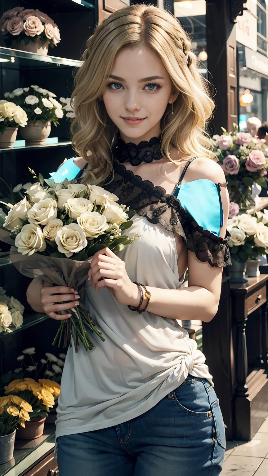 26 year old Caucasian female、hair color is blonde、eye color is blue、long hair、Tying up your hair、accessories on wrist、I&#39;m wearing a choker、skin is smooth、smile、Slender but muscular body、My heart is pounding、high resolution、She is wearing a one-shoulder lace top.、I'm wearing pants、I&#39;m wearing pumps、There is a flower shop where the flowers are in full bloom.、holding a big bouquet of flowers