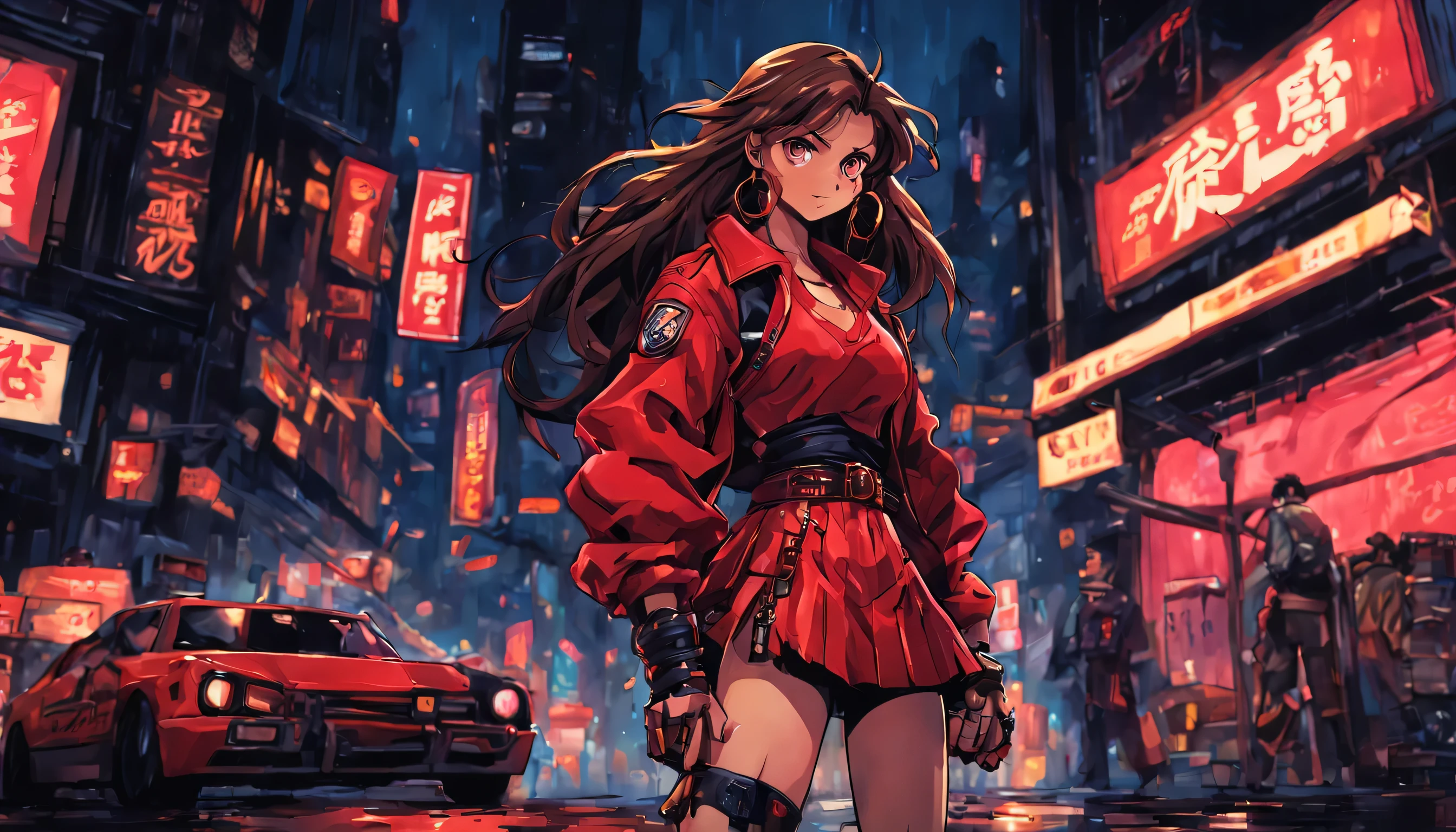 Estilo anime 2D, Mulher com cabelo castanho longo, olhos azuis, vestindo top vermelho, minissaia vermelha, cinto pendurado nos quadris, black leather jacket with sleeves rolled up to the elbows, martial arts training glove on hands, botas de couro vermelho, brincos de argola de ouro, personagem muito parecido com Blaze do jogo Sega Genesis "Streets of fury", she is next to a police car in a big city at night, there are advertisements and neon signs, it just rained in the area