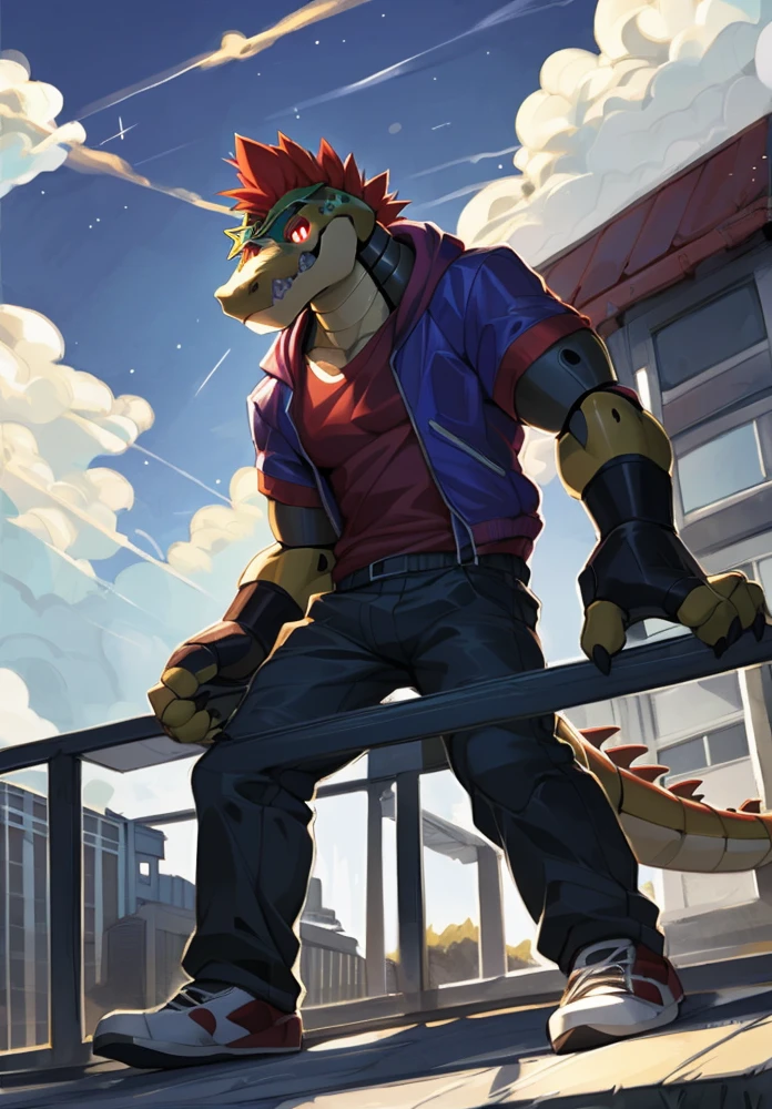 nj5furry, masterpiece, best quality, high resolution, digital painting \(artwork\), by (by canyne khai, (by takemoto arashi), by null-ghost, by kiyosan, by milkytiger1145), montgomerygator, mecha, animatronic, joints, robot joints, robot, non-humanoid robot, solo, 1male anthro, 1boy, scalie, alligator, red mohawk, star sunglasses, crocodile tail, full body, t-shirt, black t-shirt, standing, on rooftop, railings, clothed, jacket, hooded jacket, open jacket, purple jacket, wrist watch, digital watch, gloves, fingerless gloves, sneakers, pants, detailed eyes, red eyes, glowing eyes, glistening eyes, shadows, grin, grinning, glowing light particles, light particles, glowing bubbles, clouds, shadows, outdoors, patio, background, afternoon, sunlight, sunrays, glowing, stars, shooting stars, sky, clouds, detailed clouds, lens reflections.