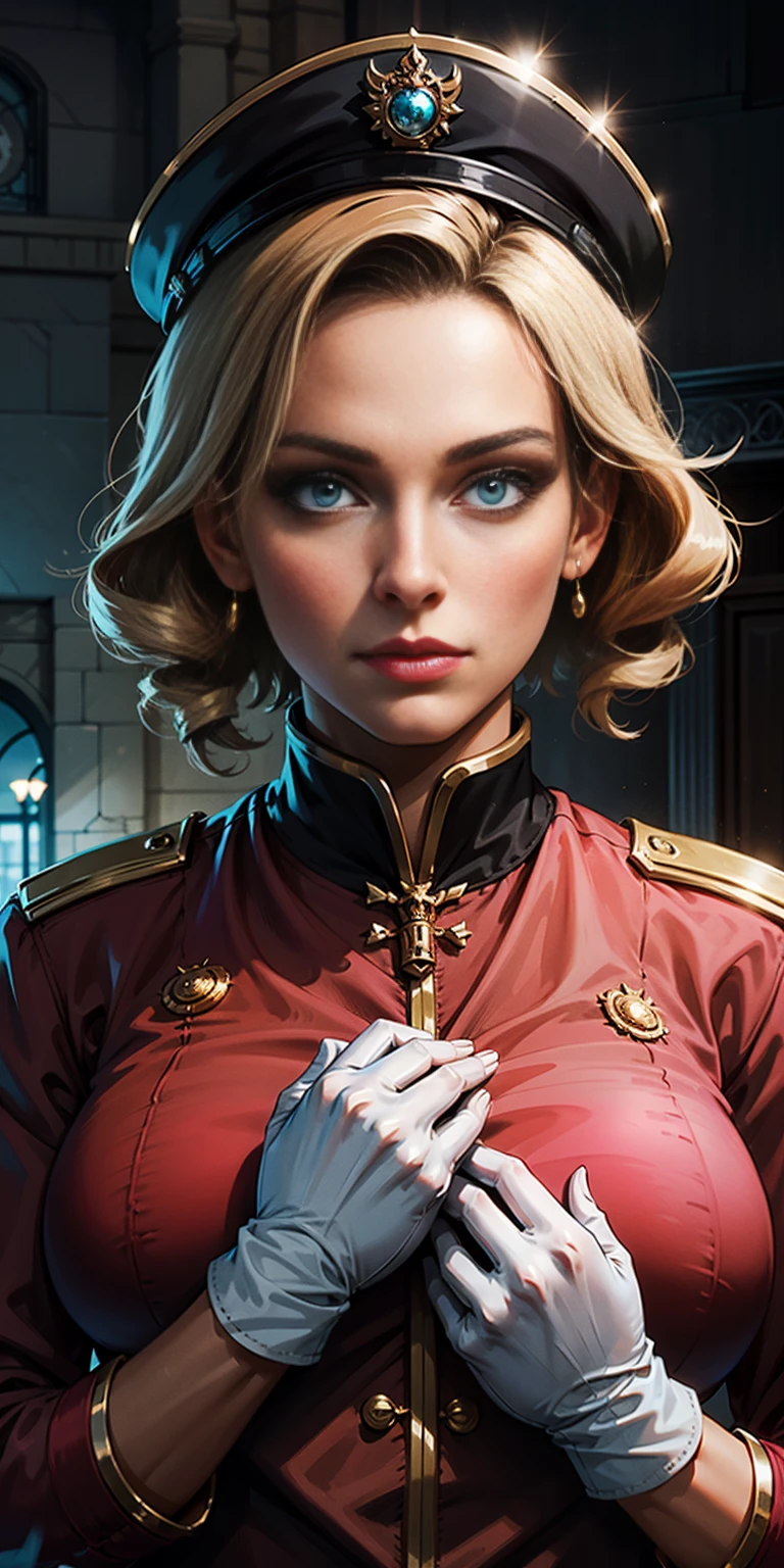 Best image quality, 4k, masterpiece, female, short hair, beautiful mature gentleness, light brown hair, light blue eyes, sharp eyes looking at the camera, face focus, delicate facial features, black uniform, white gloves hat, arms holding, artistic lighting, portraiture, face magnification, [elegant demeanor, dignified atmosphere and excellent posture that catches the eye + beautiful face + portrait painting effect]. pov hand, breast grab, big breast, female perfect face, full-body close-up, long twin drill hair, pink outfit, blonde, pettite female face, standing
