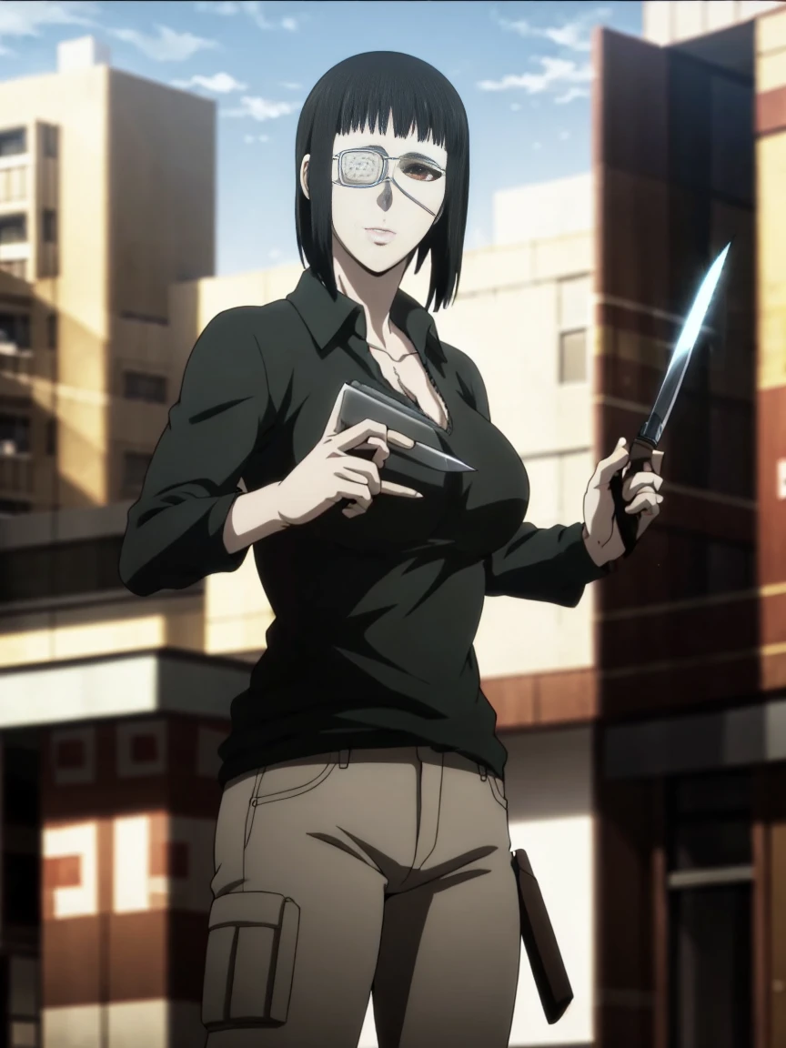 masterpiece,high quality,solo,outdoors,city,
looking at viewer,closed mouth,
Valmet,1woman,
shirt,pants,holding a knife,