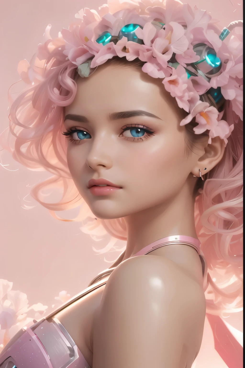 A beautiful female android robot thinking, herb ritts style, 50s style, colored, perfect light-pink iris, identical size and shape eyes and pupils, antennae earrings,