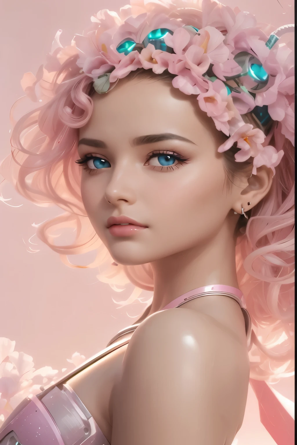 A beautiful female android robot thinking, herb ritts style, 50s style, colored, perfect light-pink iris, identical size and shape eyes and pupils, antennae earrings,
