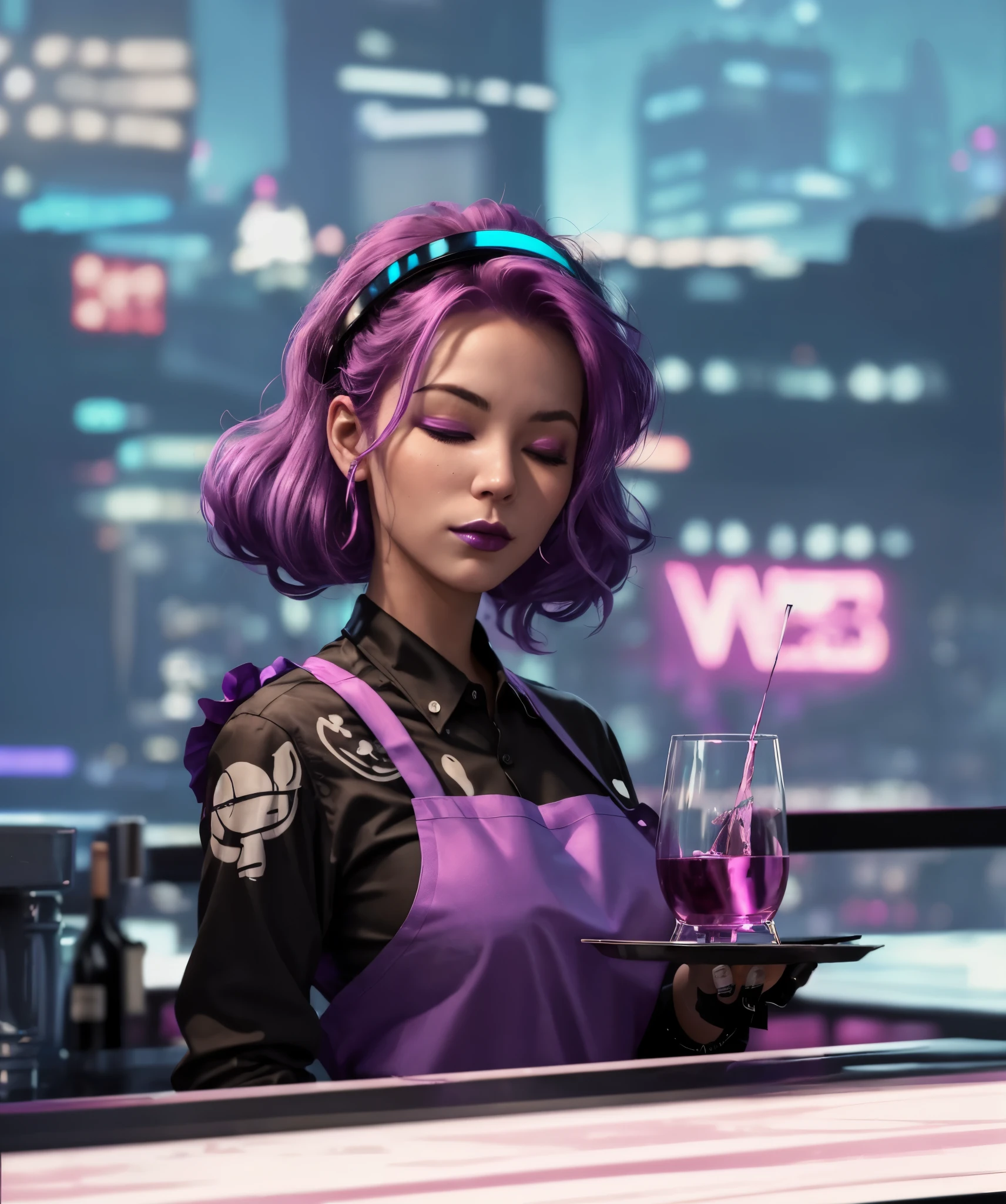 A woman with purple hair, (((eyes closed))), bartender, holding a wine glass in her hand, white apron, black shirt, bartender standing in front of the bar, beautiful face, holding another glass in her hand A cup tray with wine, ((cyberpunk city by the sea, huge buildings, neon lights))), dark clouds, ((synthwave background theme, detailed background: 1.25)), (((night, beautiful lights decoration, detailed Architecture) ))), (Best Quality, High Resolution, Sharp Focus, Super Detailed, Extremely Detailed, Extremely High Quality Artwork, (Realistic, Photorealistic: 1.37), 8k_wallpaper, (Extremely Detailed CG 8k), (very detailed 8K CG), (super super super detailed perfect work))), flawless, (((masterpiece))), illustration, vibrant colors, (complex), high contrast, selective lighting, double exposure , HDR (High Dynamic Range), Post-Processing, Background Blur, Color, (Complex), High Contrast, Selective Lighting, Double Exposure, HDR (High Dynamic Range), Post-Processing, Background Blur,