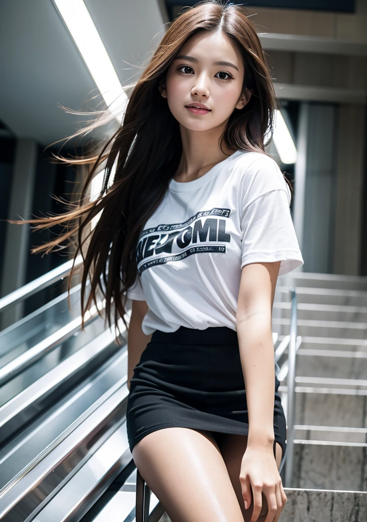 8K, Masterpiece, Raw Photo, Highest Quality, Photorealistic, High Definition CG Unity 8K Wallpaper, Depth of Field, Cinematic Light, Lens Flare, Ray Tracing, (Extremely Beautiful Face, Beautiful Lips), Beautiful Eyes) , face with intricate details, ((super detailed skin)) 1 girl, smiling, dark back, dark shadows, wearing a T-shirt, flared miniskirt, pantyhose (realistic), long brown hair, (black eyes) 1.1), Realistic face, Riding an escalator, (Angle from directly below), Cowboy shot, Defenseless lower body, Dramatic lighting, Inside the room, Design: Kana Kurashina
