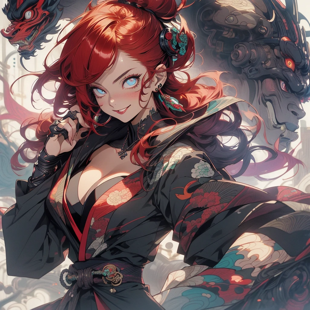 (((highest quality))),(((detailed eyes))),(((32k))),(1 girl),Red hair,(tattoo),(cyber punk),kimono,((Luxurious and gorgeous)),Shiny skin,earrings,flashy,((Super beautiful woman)),(perfect face),Japanese sword,ultimate texture,official art,Ukiyo-e,stylish,photograph,perfect body,smile,Bewitching,Highest image quality,distinct,real,fantasy,(Near the future),ninja,((perfect eyes)),big breasts,((cleavage)),highlight,挑発的なsmile,stick out tongue,split tongue,((mechanical)),Hannya mask,fox,