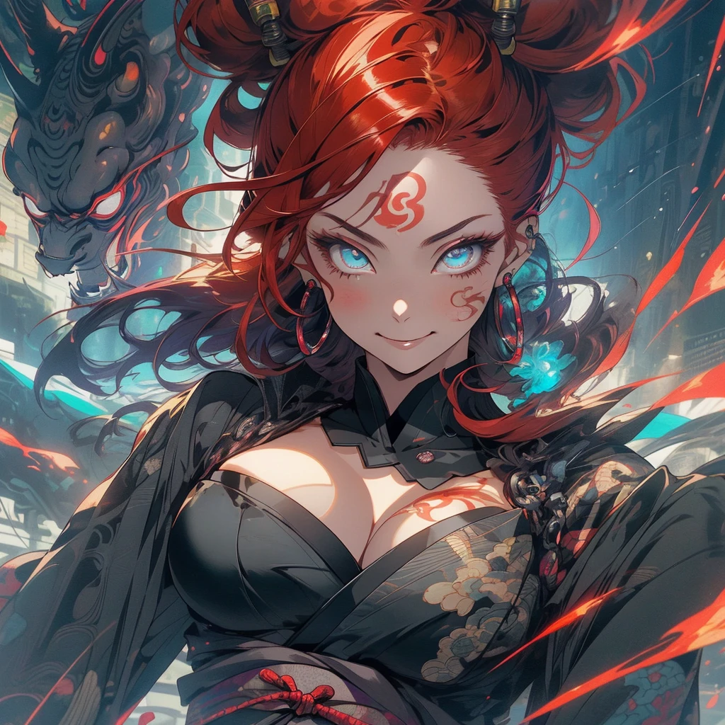 (((highest quality))),(((detailed eyes))),(((32k))),(1 girl),Red hair,(tattoo),(cyber punk),kimono,((Luxurious and gorgeous)),Shiny skin,earrings,flashy,((Super beautiful woman)),(perfect face),Japanese sword,ultimate texture,official art,Ukiyo-e,stylish,photograph,perfect body,smile,Bewitching,Highest image quality,distinct,real,fantasy,(Near the future),ninja,((perfect eyes)),big breasts,((cleavage)),highlight,挑発的なsmile,stick out tongue,split tongue,((mechanical)),Hannya mask,fox,