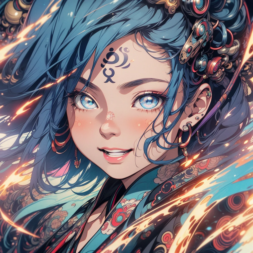 (((highest quality))),(((detailed eyes))),(((32k))),(1 girl),flashyな色の髪,(tattoo),(cyber punk),kimono,((Luxurious and gorgeous)),Shiny skin,earrings,flashy,((Super beautiful woman)),(perfect face),Japanese sword,ultimate texture,official art,Ukiyo-e,stylish,photograph,perfect body,smile,Bewitching,Highest image quality,distinct,real,fantasy,(Near the future),ninja,((perfect eyes)),big breasts,((cleavage)),highlight,挑発的なsmile,stick out tongue,split tongue,((mechanical)),Hannya mask,fox,mandala,