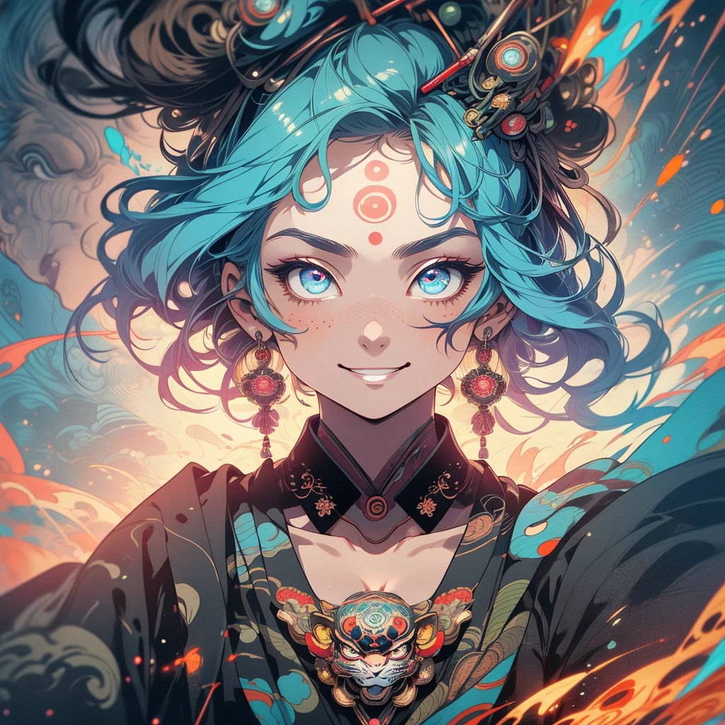 (((highest quality))),(((detailed eyes))),(((32k))),(1 girl),flashyな色の髪,(tattoo),(cyber punk),kimono,((Luxurious and gorgeous)),Shiny skin,earrings,flashy,((Super beautiful woman)),(perfect face),Japanese sword,ultimate texture,official art,Ukiyo-e,stylish,photograph,perfect body,smile,Bewitching,Highest image quality,distinct,real,fantasy,(Near the future),ninja,((perfect eyes)),big breasts,((cleavage)),highlight,挑発的なsmile,stick out tongue,split tongue,((mechanical)),Hannya mask,fox,mandala,