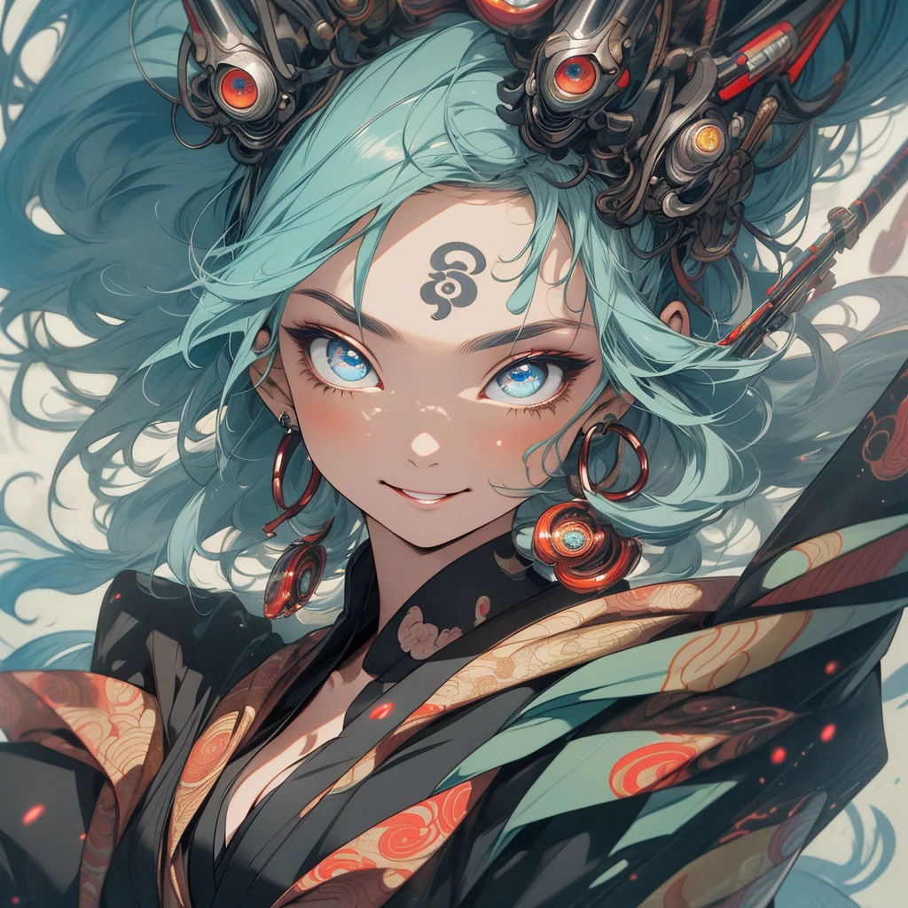 (((highest quality))),(((detailed eyes))),(((32k))),(1 girl),flashyな色の髪,(tattoo),(cyber punk),kimono,((Luxurious and gorgeous)),Shiny skin,earrings,flashy,((Super beautiful woman)),(perfect face),Japanese sword,ultimate texture,official art,Ukiyo-e,stylish,photograph,perfect body,smile,Bewitching,Highest image quality,distinct,real,fantasy,(Near the future),ninja,((perfect eyes)),big breasts,((cleavage)),highlight,挑発的なsmile,stick out tongue,split tongue,((mechanical)),Hannya mask,fox,mandala,