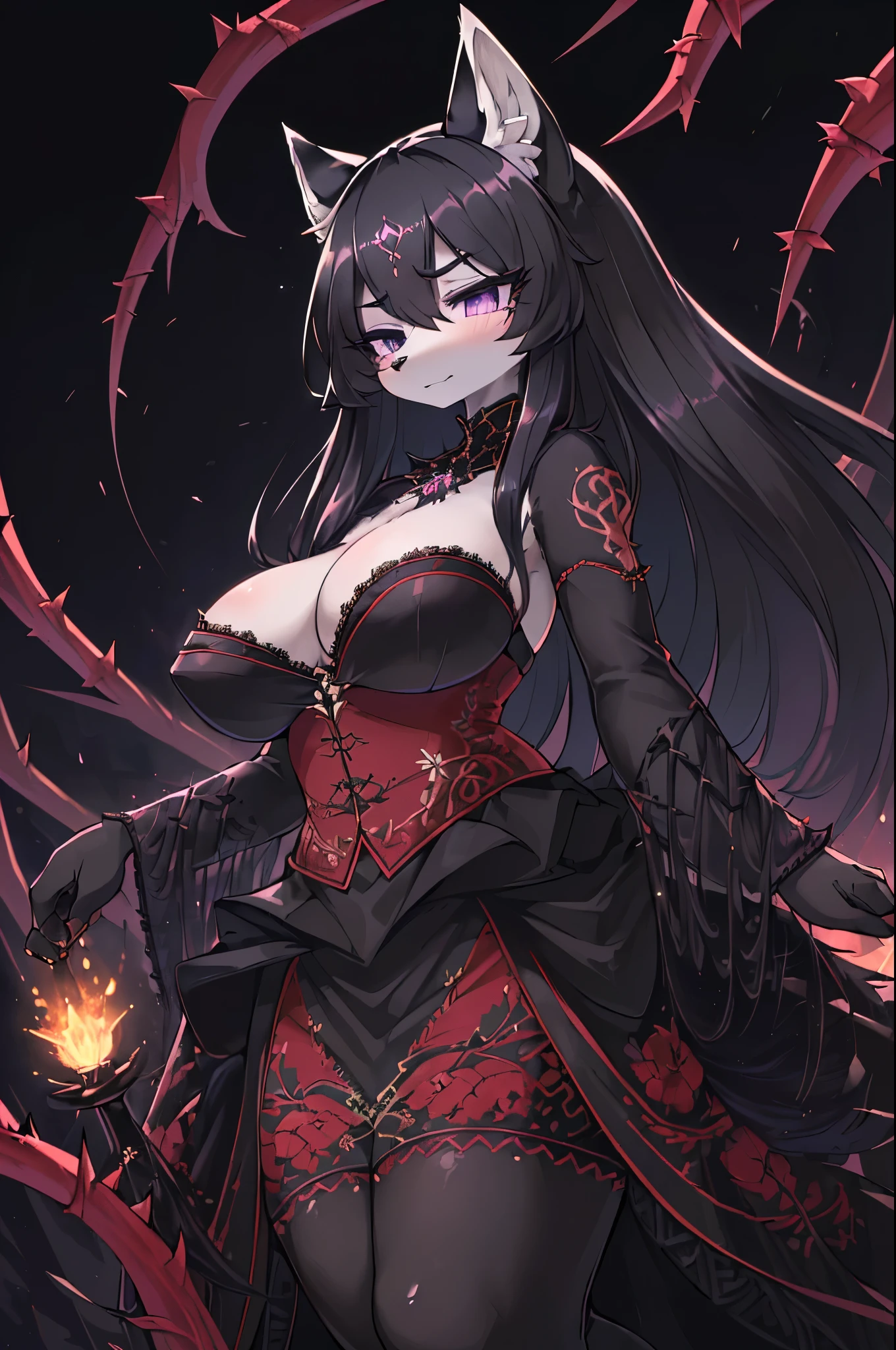 (masterpiece:1.2), best quality, (extremely detailed face:1.4), (highly detailed eyelash:1.6), highly detailed eyes, sharp details, high contrast, elegant, elegant face, (thick body), milfy face, Anatomical, Award-winning concept art, fine details, ultra detailed, masterpiece, best quality, 1girl, ((((full body)))), volumetric lighting, (((((dynamic angle))))), very detailed background, ((side view)), ((((kemono)))), (furry), ((very fuzzy)), ((((furry breasts)))), (((((Obsidian Black fur))))), ((((long snout)))), (((fur tufts on breasts))), (((fur tufts on legs))), fur tufts, very cuddly, ((((Wolf)))), (((Wolf Tail))), (((Wolf Ears))), (((Wolf Kemono))), ((1 arrogant demoness in black red and gold gorgeous full ball gown with voluminous fluffy skirt)), ((BlingBling)), ((arrogant)), (((stoic expression))), (Purple eyes), Sharp eyes, detailed face and eyes, jewel-like eyes, ((Very Long voluminous black Hair)), Straight Hair, ((Bangs between eyes)), ((gorgeous full embroidery and lace)), gorgeous corsage, gorgeous full hair ornament, gorgeous gnarled crown of thorns, ((plump breasts)), skindentation, ((full body)), Dynamic Angle, (((Looking down at viewer))), baroness of hell, throne of thorns, black briar, (((embroidery made of thorns))), volumetric lighting, outside, wasteland, surrounded by thorns, dreary black sky, dynamic pose