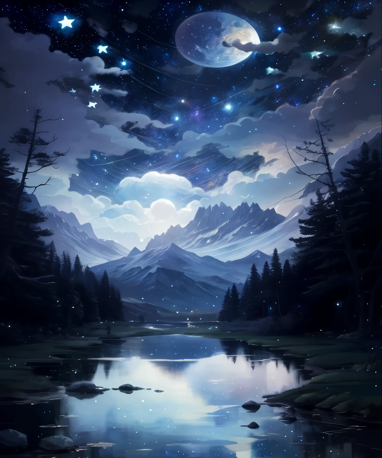Starry night landscape with lakes and mountains, 4k highly detailed figure艺术, Just a joke, 8k high quality detailed art, dan mumford and albert bierstadt, highly detailed figure, 4k detailed digital art, 8K Stunning Artwork, Mumford and Thomas Kincaid, Anton Fadeev and Mumford, Detailed 4 K, Impressive fantasy scenery