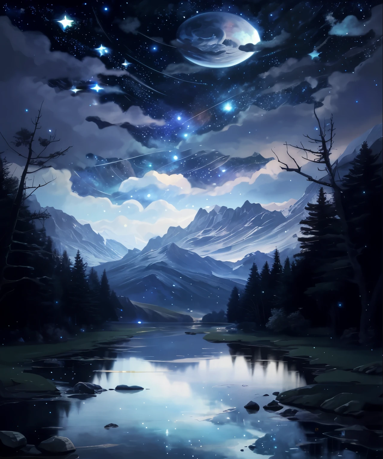 Starry night landscape with lakes and mountains, 4k highly detailed figure艺术, Just a joke, 8k high quality detailed art, dan mumford and albert bierstadt, highly detailed figure, 4k detailed digital art, 8K Stunning Artwork, Mumford and Thomas Kincaid, Anton Fadeev and Mumford, Detailed 4 K, Impressive fantasy scenery