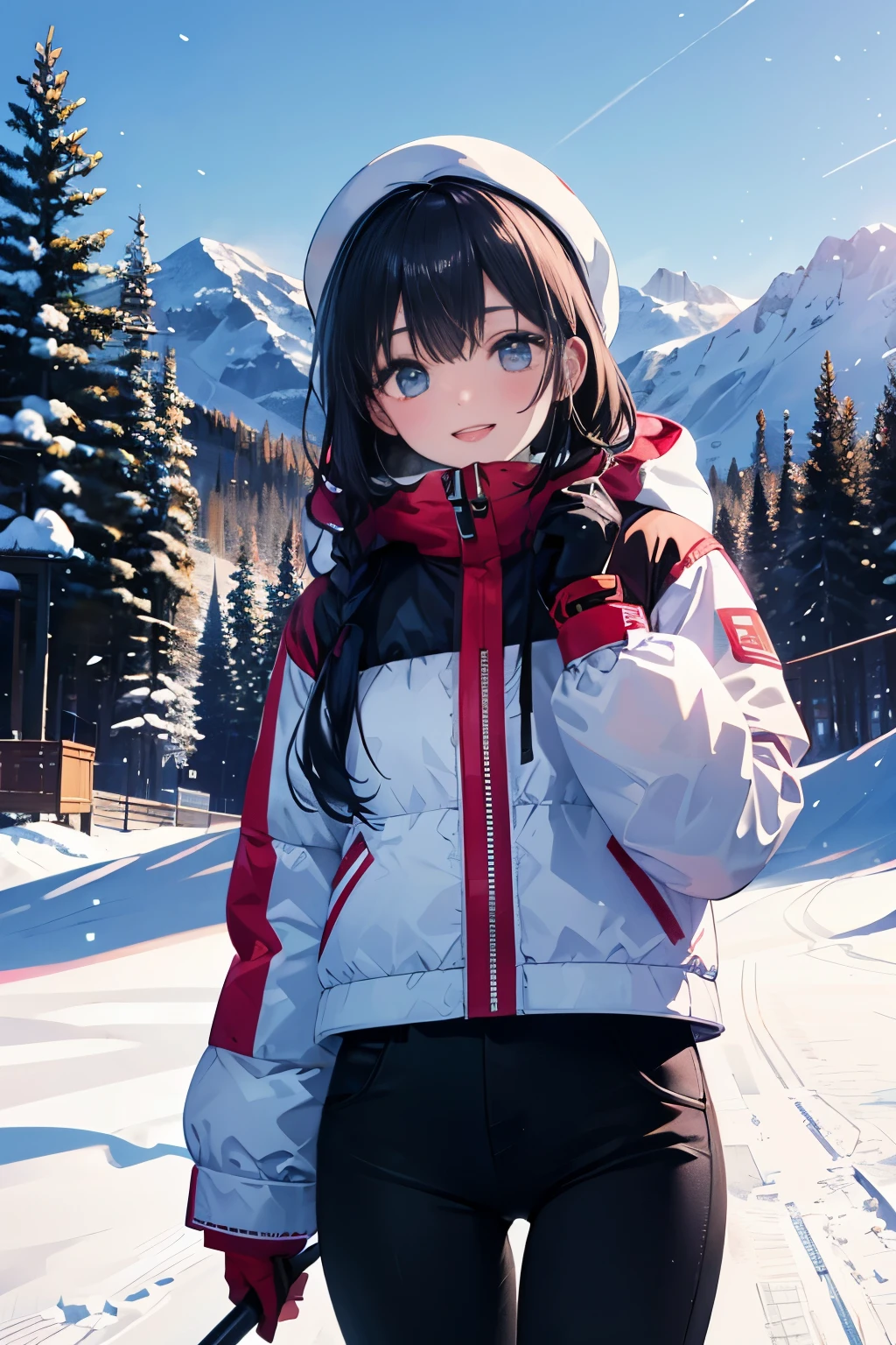 (8k, RAW photo, best quality, masterpiece:1.2), (super fine illustration),shiny skin,detailed skin,detailed face and eyes,an extremely cute and beautiful girl,20 years  old ,beautiful face, (extremely detailed 8k wallpaper), sharp focus,(cowboy shot:1.3), depth of field, (blur background, bokeh:1.2),  cinematic lighting, soft light, dynamic pose ,long hair and black hair, (ski wear ), smile , ("A ski resort with snow-covered mountains and a clear blue sky. Ski lifts extend into the distance, with snow-covered trees scattered around.:1.3)
