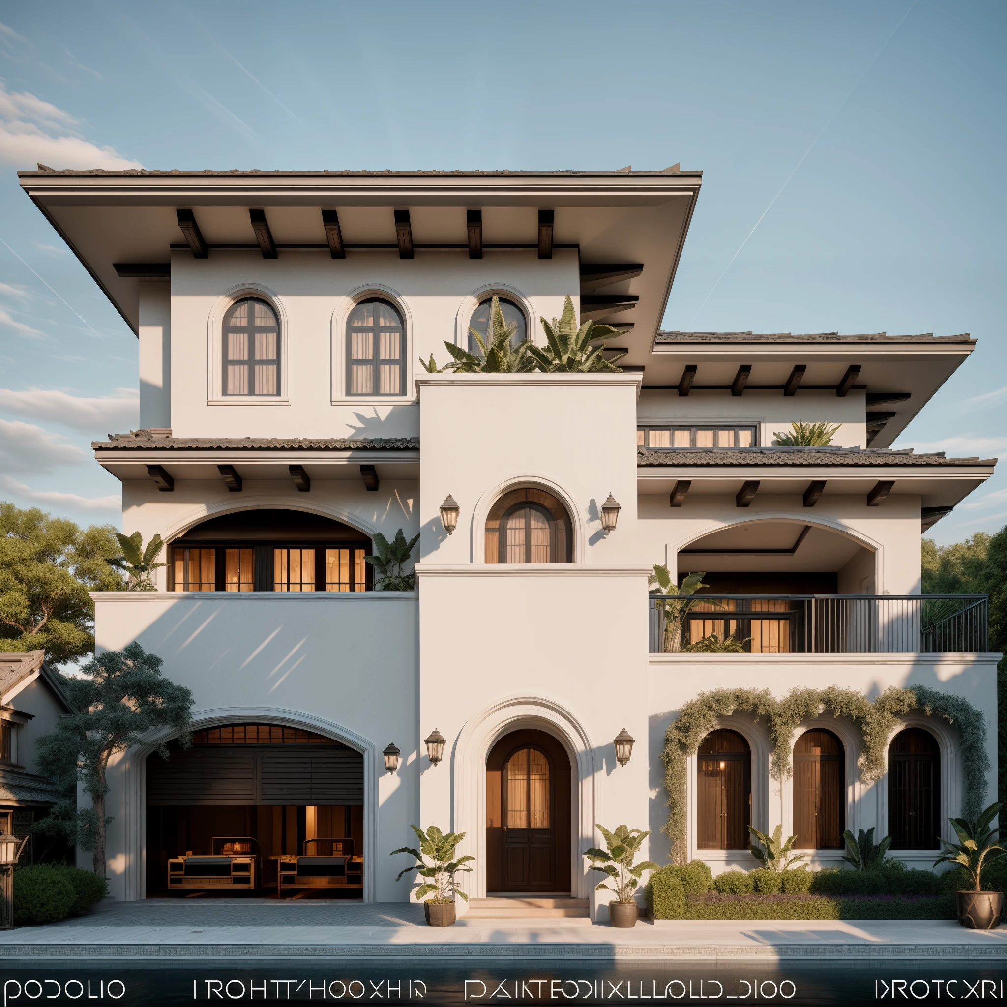 When design a MEDITERRANEAN EXTERIOR house, exterior design, (dark blue roof:1.1), (roof tile:1.2), (indochine style:1.1), ((Iron with artistic patterns detail:1.3) designed to make railings, windows),(xingfa door), (curved arch:1.35), (white wall), (nigh light:1.2), (night view:1.2),designed to make gates, railings, windows), The house bathed in natural nightlight and has warm LED lighting. Super sharp like photos taken with a professional camera, color block wall detail, (|color block materials| in neoclassic house), white color block neoclassic house (((volumetric light))), (outdoor ceiling spotlight:1.2), (Exterior night reverse lights:1.2), (|neoclassical cornice|), The focal point of the room the warm LED light with a color temperature of 3600k, |reverse lights| illuminate the columns around the house, night, 8k uhd, dslr, soft lighting, high quality, film grain, Fujifilm XT3 day, 8k uhd, dslr, soft lighting, high quality, film grain, Fujifilm XT3, The ambient lighting highlights the textures and details, creating a stock photo-like atmosphere, (((Best Quality))), ((Masterpiece)), ((best illustration)), ((best shadows)), ((Super Detail)), (Intricate lines), (Photorealism),(hyper detail), ((archdaily)), ((award winning design)), (dynamic light), ((day)), (perfect light), (shimering light), (hidden light), ((photorealistic)), ((FKAA, TXAA, RTX, SSAO)), ((Post Processing)), ((Post-Production)), ((CGI, VFX, SFX)), ((Full color)) ,((Unreal Engine 5)), ((intricate detail)), ((extreme detail)), ((science)), ((hyper-detail)), ((super detail)), ((super realistic)), ((crazy detail)), ((octane render)), ((Cinematic)), ((trending on artstation)), ((High-fidelity)), ((Viwvid)), ((Crisp)), ((Bright)), ((Stunning)), ((Eye-catching)), ((High-quality)),((Sharp))((Bright)), ((Stunning)), Natural, ((Eye-catching)), ((Illuminating)), ((Flawless)), ((High-quality)),((Sharp edge render)), ((medium soft lighting)), ((photographic render)), ((detailed archviz))