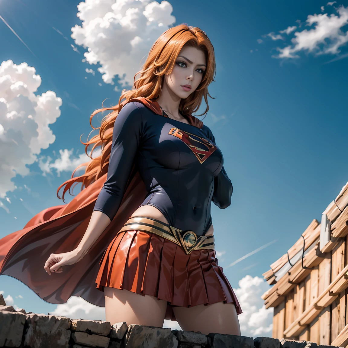 1 girl, matsumoto rangiku, pose de modelo sexy, foto de corpo inteiro, Seios enormes, Fundo da aldeia japonesa, Arte Oficial, orange hair, olhos azuis, cabelos longos, clivagem, cabelos ondulados, quimono preto aberto, Supergirl, capa vermelha, S do super-homem no peito, blue swimsuit, Red skirt, botas vermelhas, sorrir