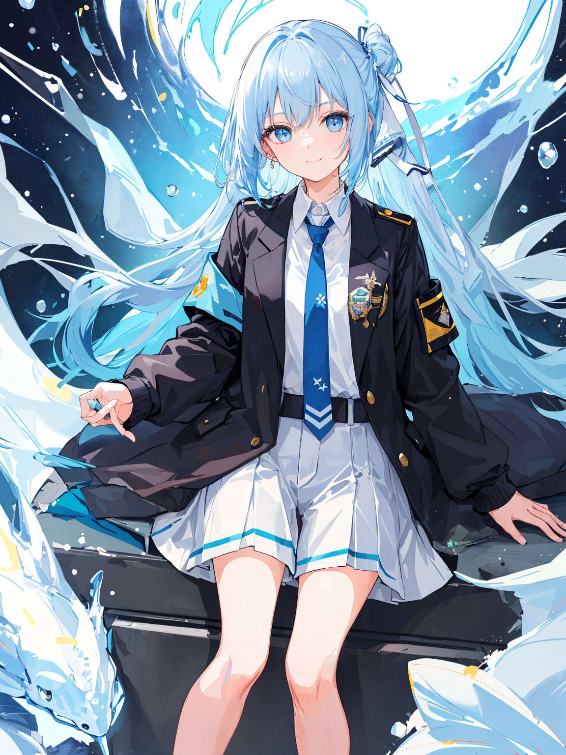 ((top-quality)), ((masterpiece)), ((ultra-detailliert)), (extremely delicate and beautiful), girl with, 独奏, cold attitude,((Black jacket)),She is very(relax)with the(Settled down)Looks,A dark-haired, depth of fields,evil smile,Bubble, under the water, Air bubble,bright light blue eyes,Inner color with light blue hair and dark blue tips,Cold background,Bob Hair - Linear Art, shortpants、knee high socks、White uniform like school uniform、Light blue ribbon ties、Clothes are sheer、Hands in pockets