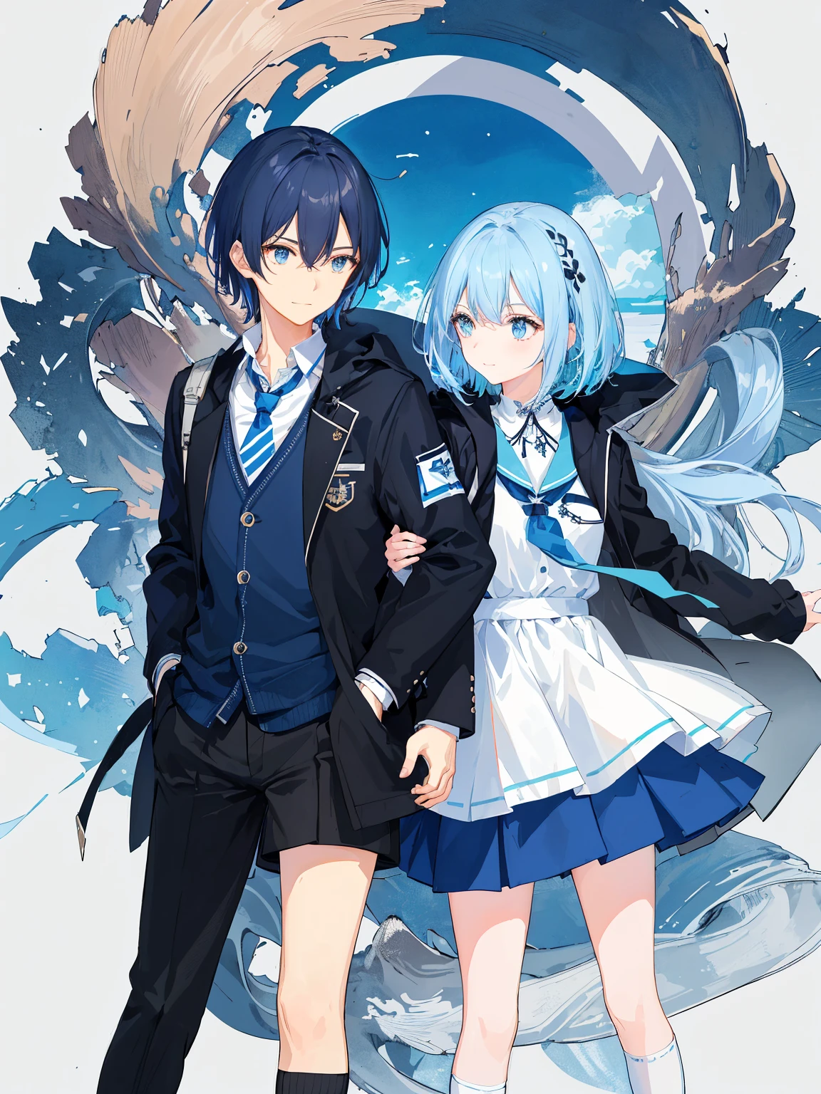 ((top-quality)), ((​masterpiece)), ((ultra-detailliert)), (extremely delicate and beautiful), girl with, 独奏, cold attitude,((Black jacket)),She is very(relax)with  the(Settled down)Looks,A dark-haired, depth of fields,evil smile,Bubble, under the water, Air bubble,bright light blue eyes,Inner color with light blue hair and dark blue tips,Cold background,Bob Hair - Linear Art, shortpants、knee high socks、White uniform like school uniform、Light blue ribbon ties、Clothes are sheer、Hands in pockets