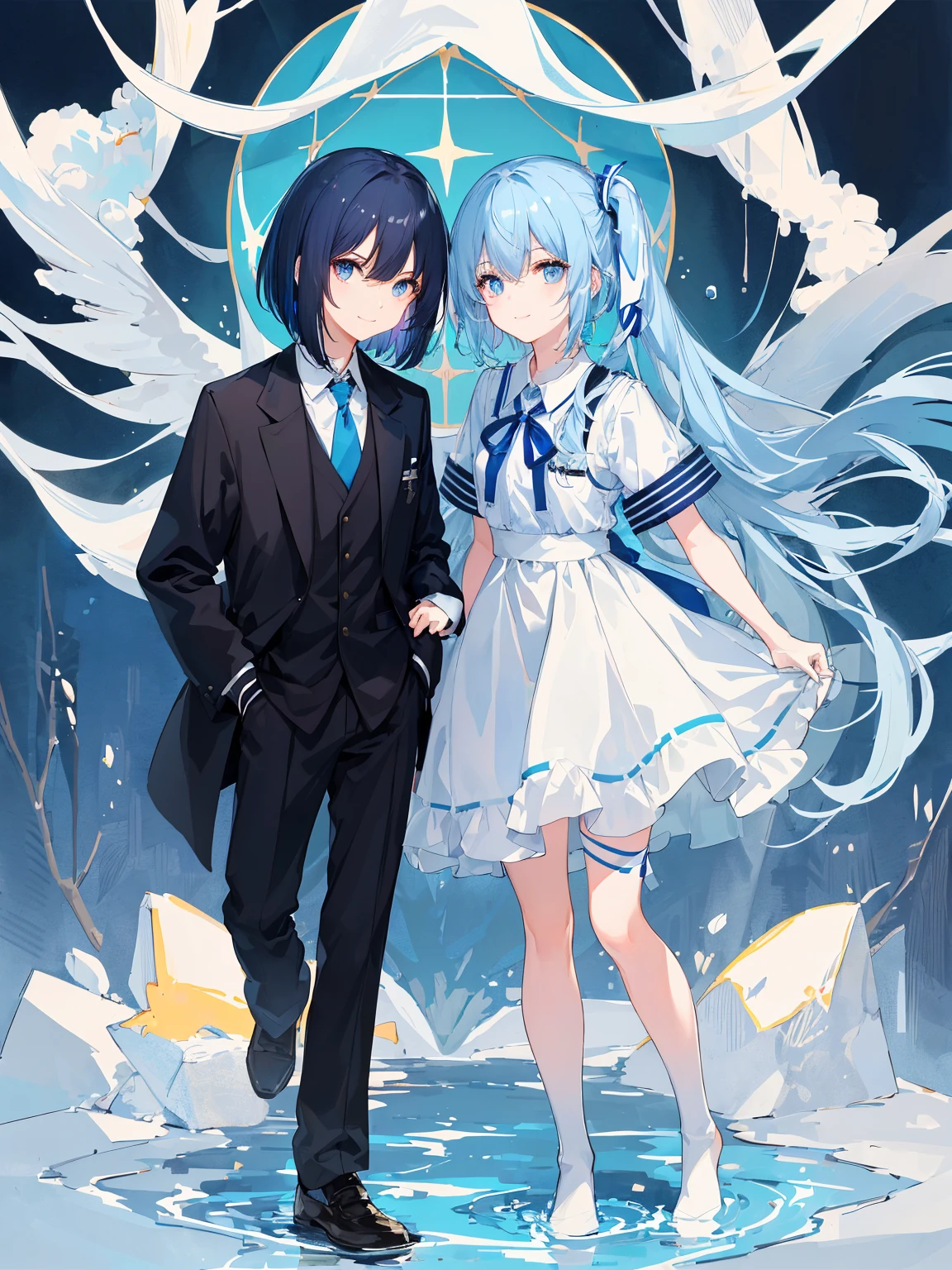 ((top-quality)), ((​masterpiece)), ((ultra-detailliert)), (extremely delicate and beautiful), girl with, 独奏, cold attitude,((Black jacket)),She is very(relax)with  the(Settled down)Looks,A dark-haired, depth of fields,evil smile,Bubble, under the water, Air bubble,bright light blue eyes,Inner color with light blue hair and dark blue tips,Cold background,Bob Hair - Linear Art, shortpants、knee high socks、White uniform like school uniform、Light blue ribbon ties、Clothes are sheer、Hands in pockets