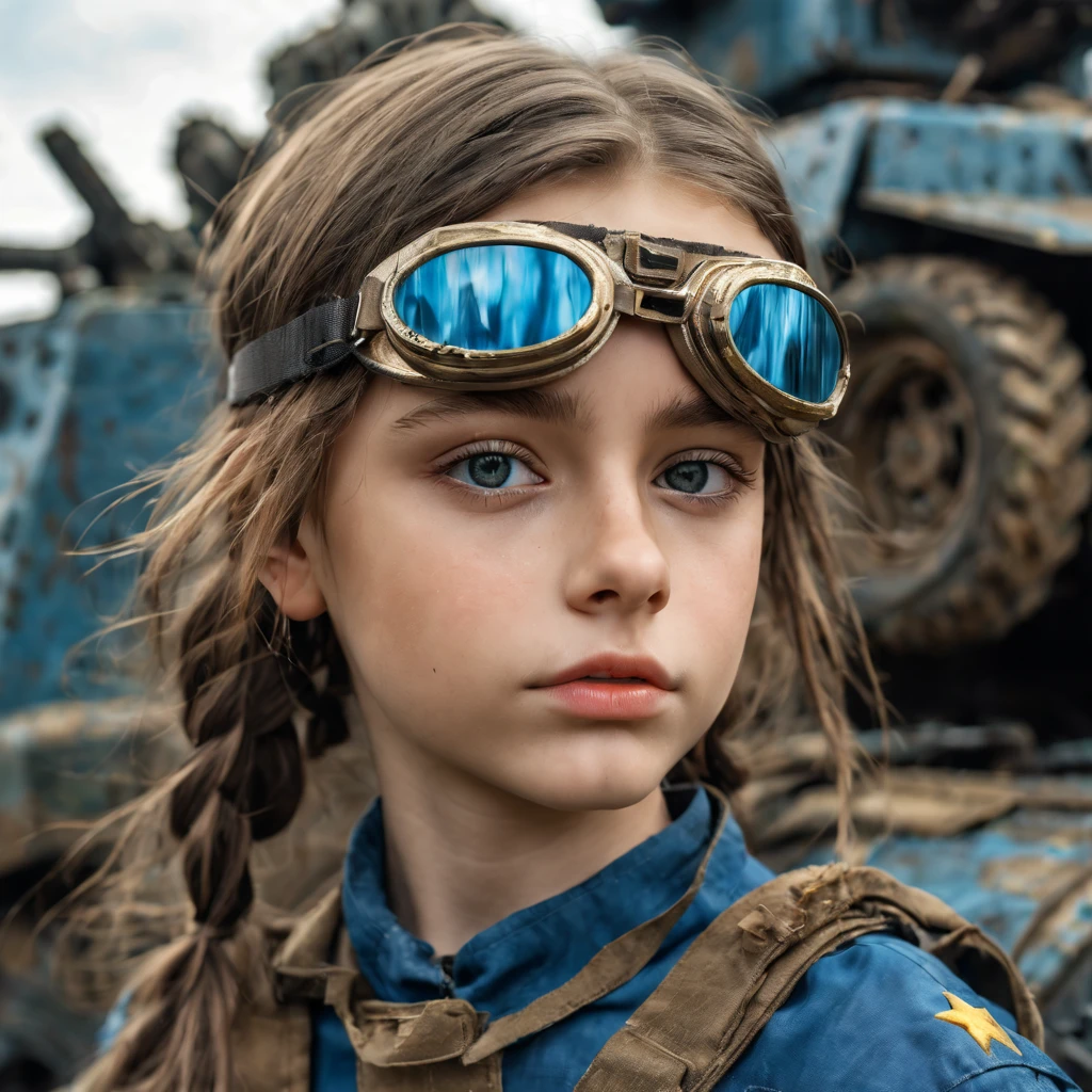 3 girls, 11 years old perfect likeness of Dasha Teran SDXL wearing blue and gold vaultgirl. Goggles on one girl, clothing torn, girls clothes and faces are dirty from battle. All girls petite and slim, small girls, short girls, fine detailed eyes, weapons slung over shoulders, leaning against a war vehicle, dented and rusty. , professionally color graded, professional photography, well drawn, masterpiece, hyper realistic, ultra detailed, high quality, best quality, 4k, 8k, hi resolution, very young girl, young face, cute, beautiful, ((NSFW、realistic)), 