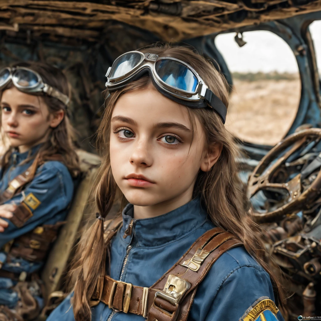 3 girls, 11 years old perfect likeness of Dasha Teran SDXL wearing blue and gold vaultgirl. Goggles on one girl, clothing torn, girls clothes and faces are dirty from battle. All girls petite and slim, small girls, short girls, fine detailed eyes, weapons slung over shoulders, leaning against a war vehicle, dented and rusty. , professionally color graded, professional photography, well drawn, masterpiece, hyper realistic, ultra detailed, high quality, best quality, 4k, 8k, hi resolution, very young girl, young face, cute, beautiful, ((NSFW、realistic)), 