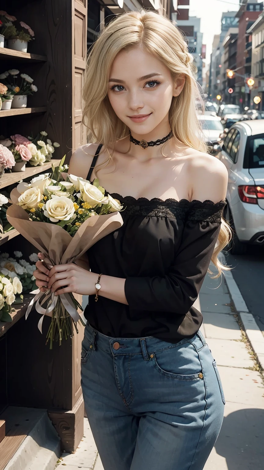 24 year old white female、hair color is blonde、eye color is blue、long hair、Tying up your hair、accessories on wrist、I&#39;m wearing a choker、skin is smooth、smile、Slender but muscular body、My heart is pounding、high resolution、She is wearing a one-shoulder lace top.、I'm wearing pants、I&#39;m wearing pumps、There is a flower shop where the flowers are in full bloom.、holding a big bouquet of flowers