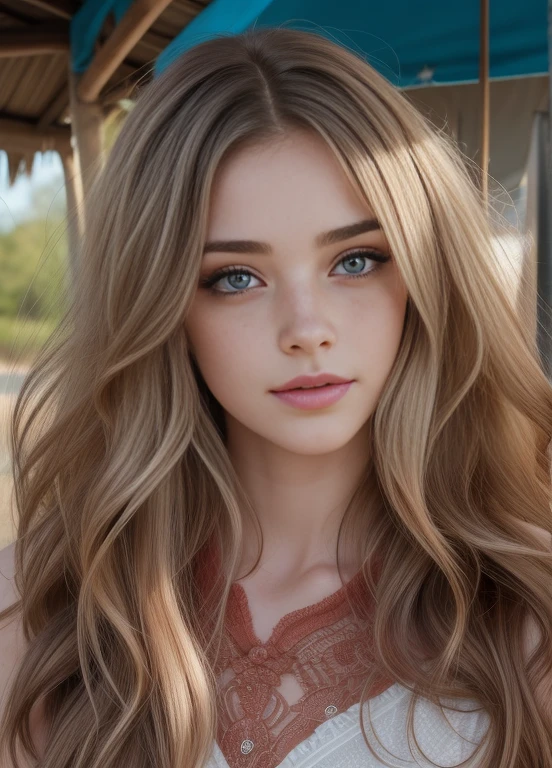 El rostro de una mujer, Americana, 28 years, pale skin and freckles, ojos grises, nariz delicado, Labios suaves y delicados, Cabello largo y rubio gris ondulado, dulce sonrisa